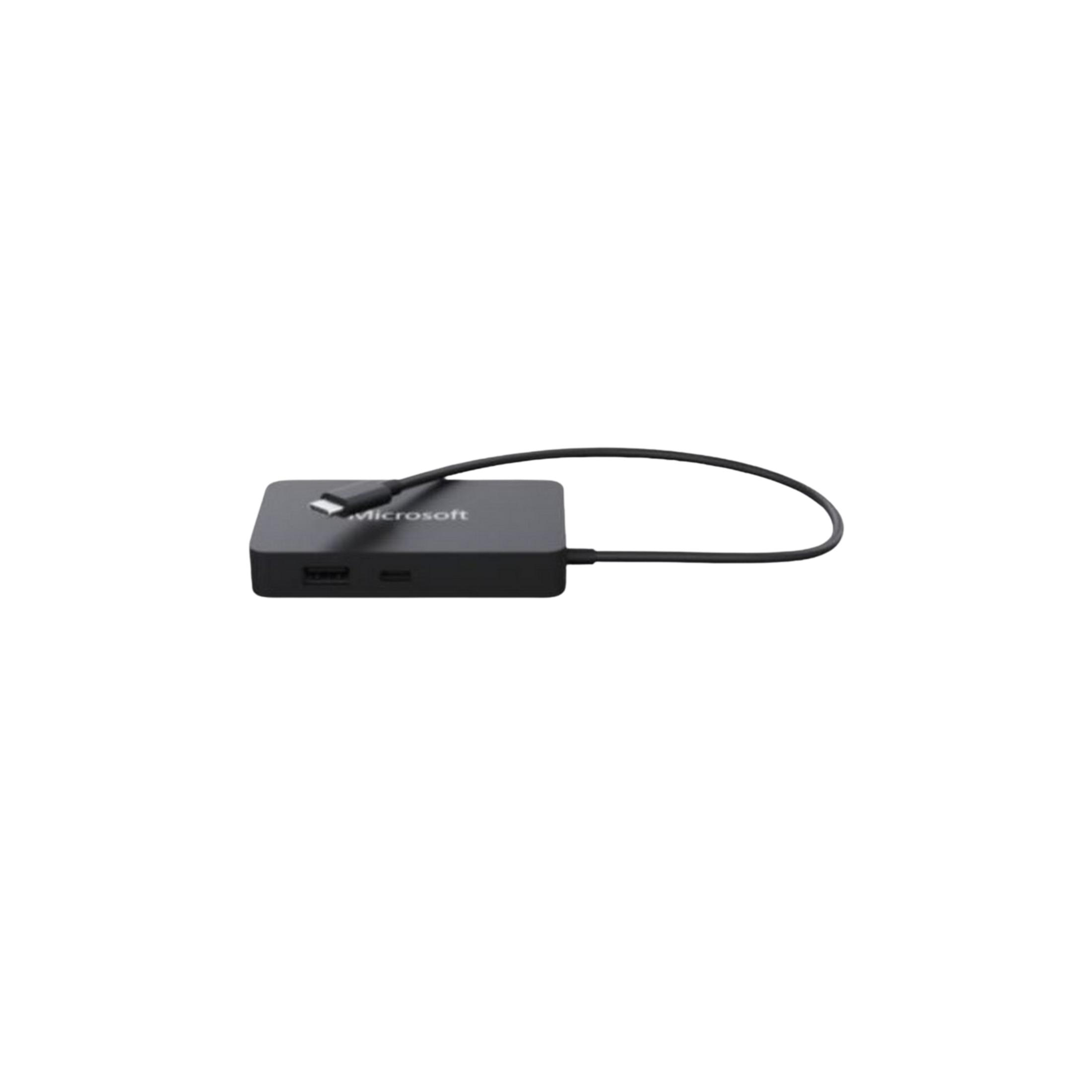 Un hub USB-C Microsoft nero con due porte USB e un cavo.