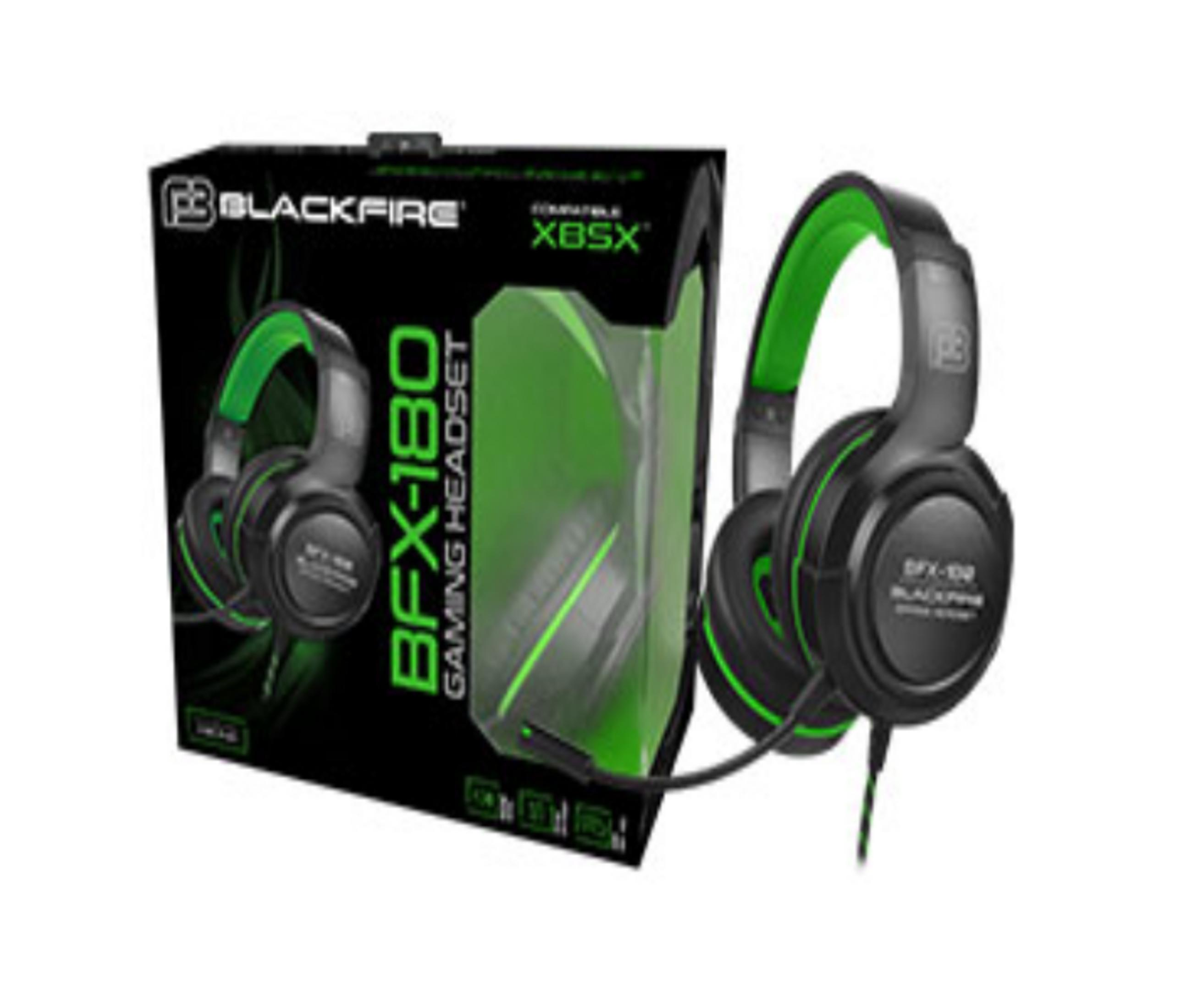 Cuffie da gaming Blackfire BFX-180 nere e verdi accanto alla confezione.