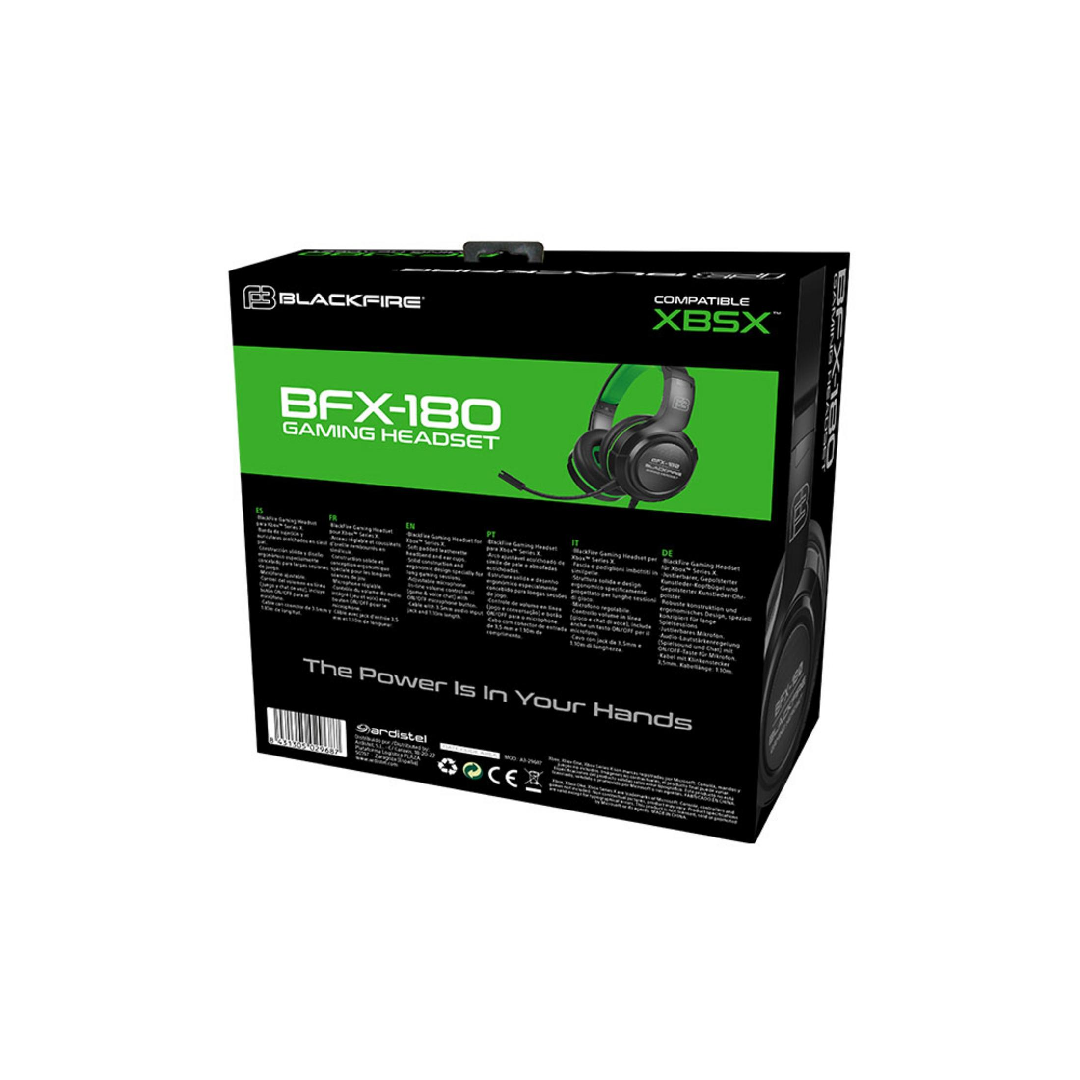 Scatola di cuffie da gaming nere con accenti verdi. Compatibile con Xbox Series X.