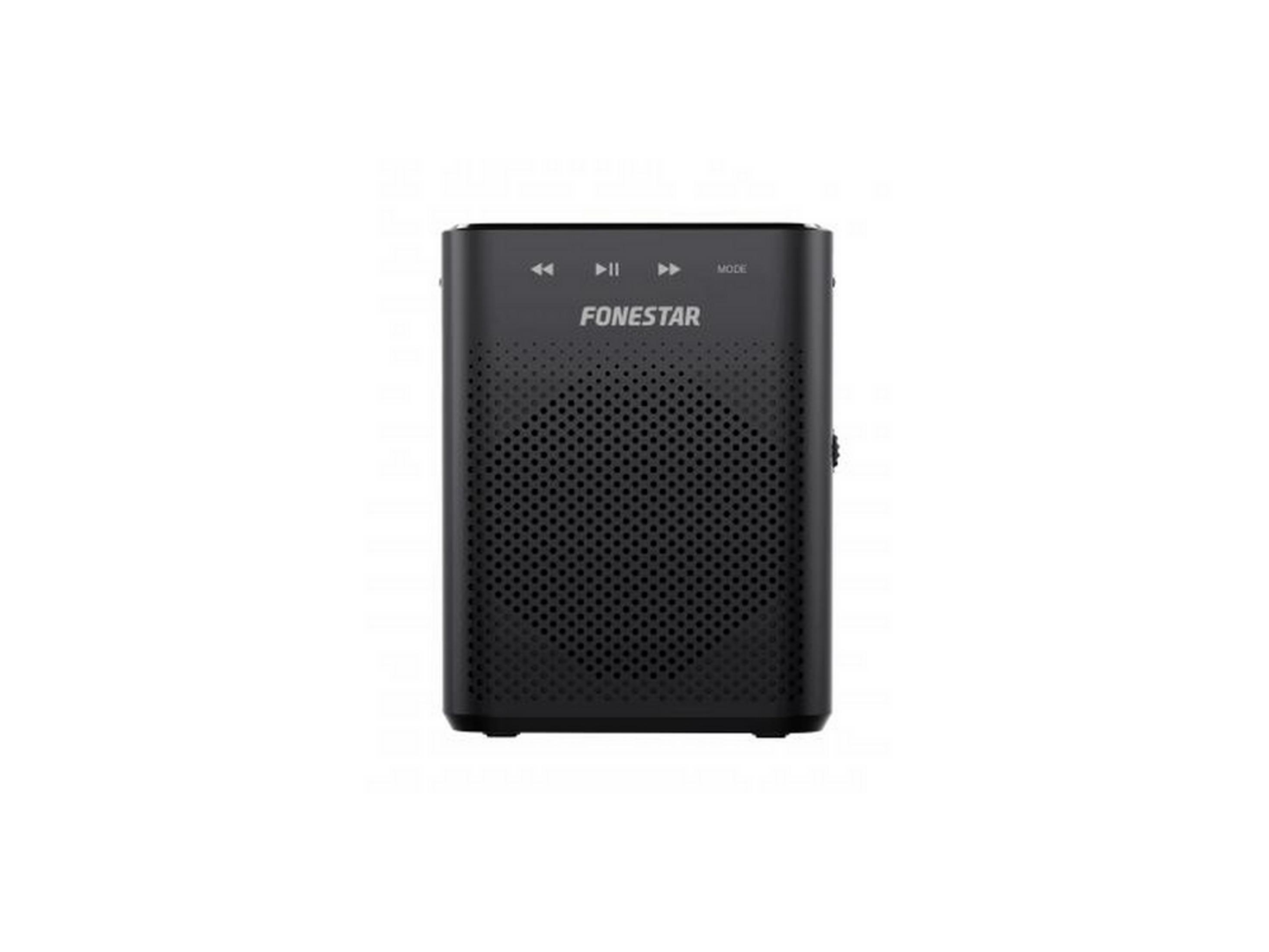 Altavoz portátil negro con rejilla perforada y botones de control.