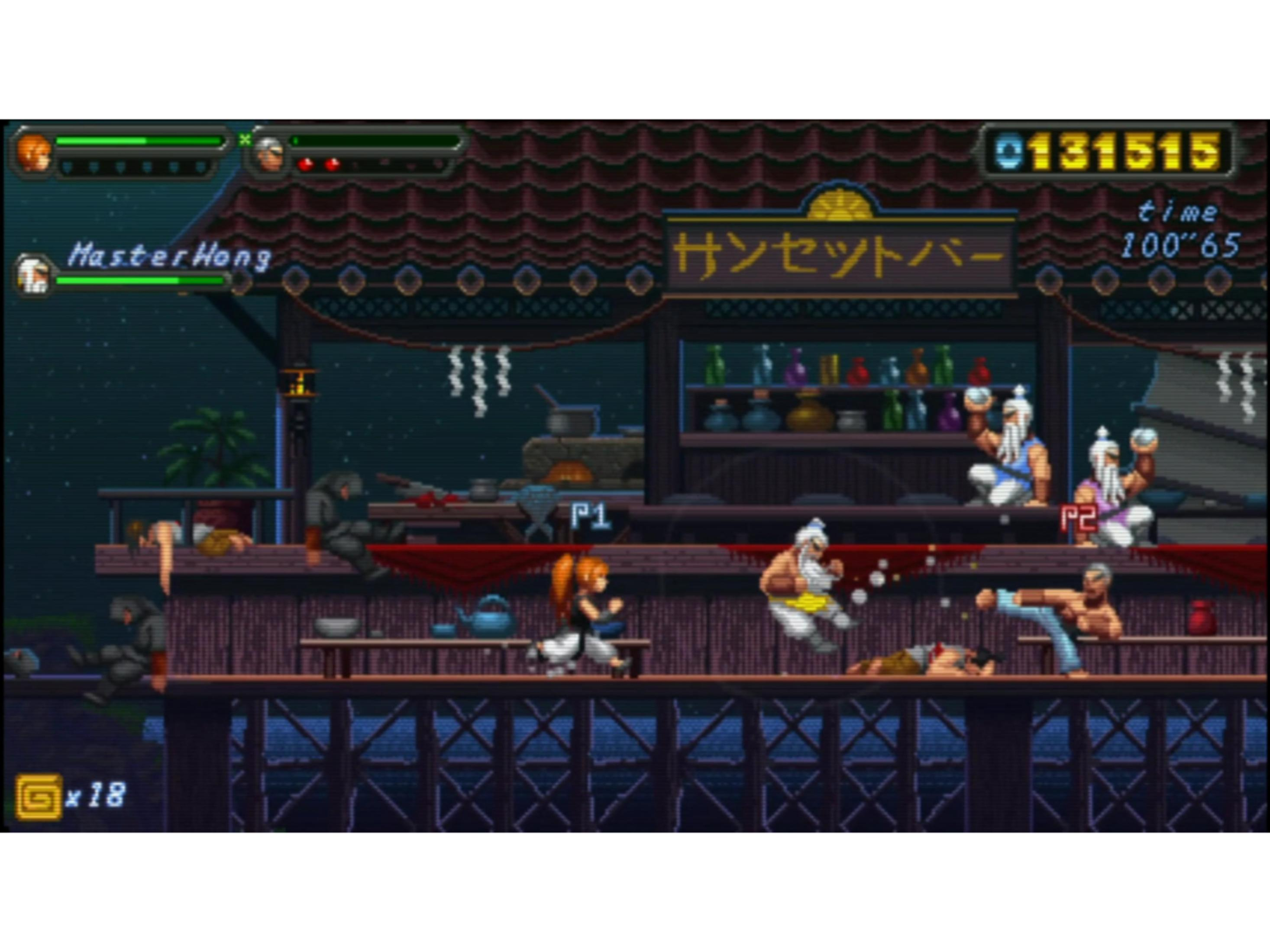 Scena di combattimento in un videogioco con personaggi che combattono su una piattaforma di legno.