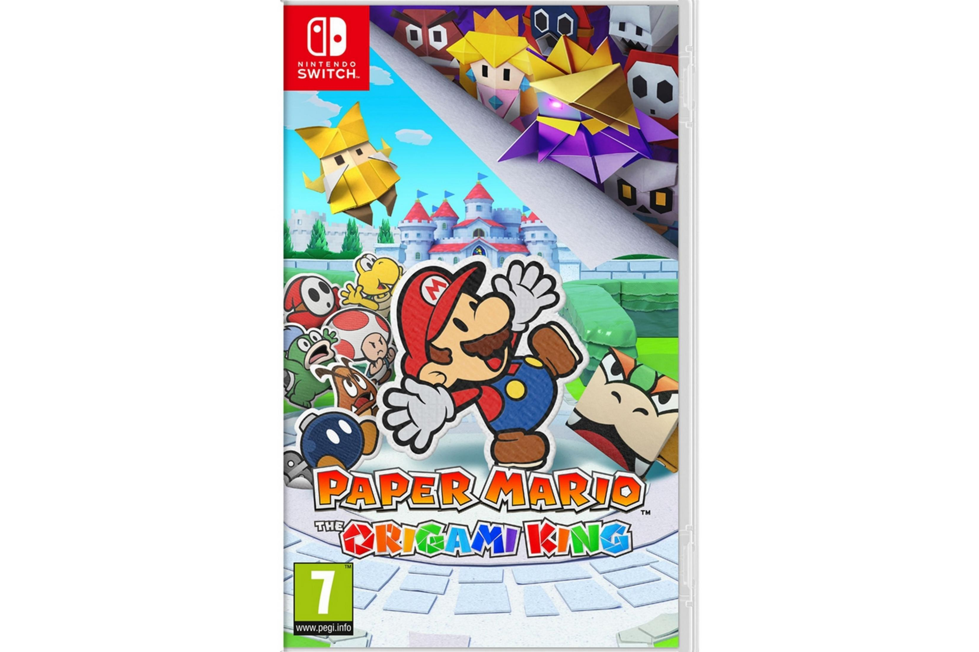 Copertina di Paper Mario: The Origami King con Mario, Principessa Peach e nemici.