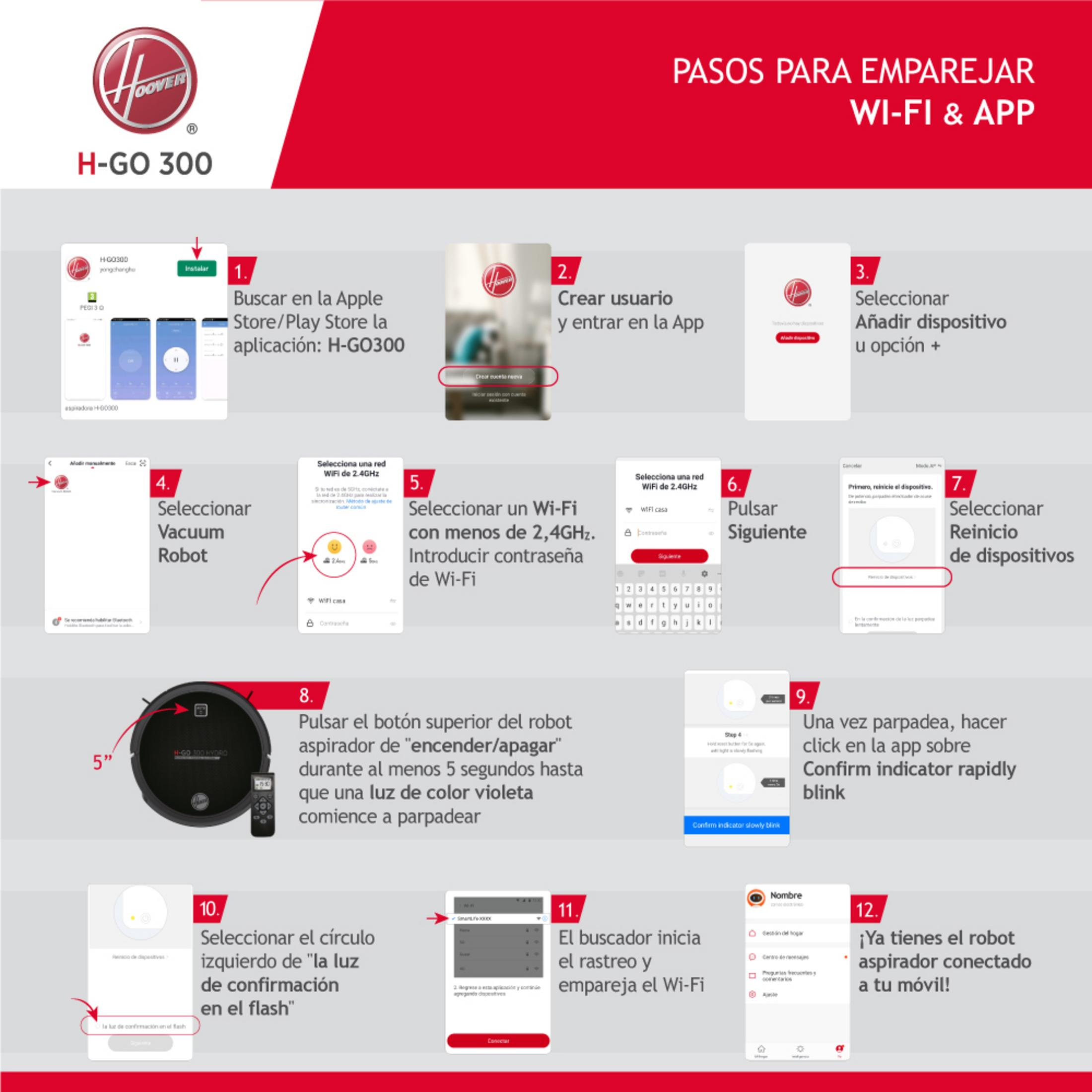 Instructions for pairing a Hoover H-GO 300 robot with Wi-Fi and app.