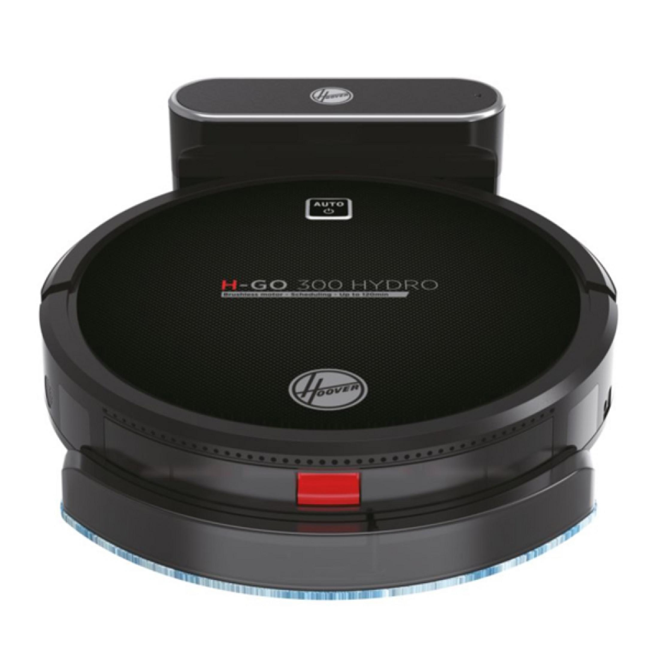 A black robot vacuum with a blue edge and a red button.