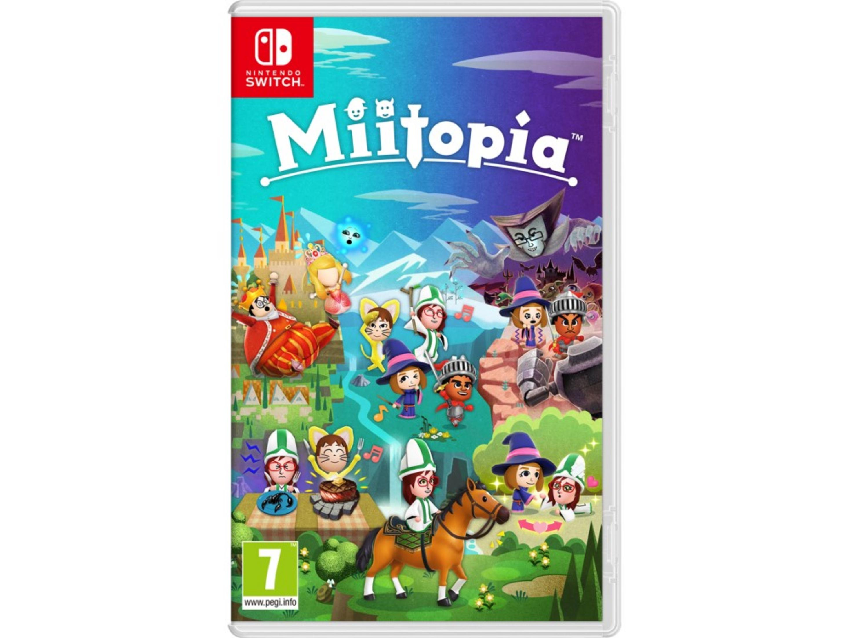 Custodia del gioco Miitopia per Nintendo Switch con personaggi e castello sullo sfondo.