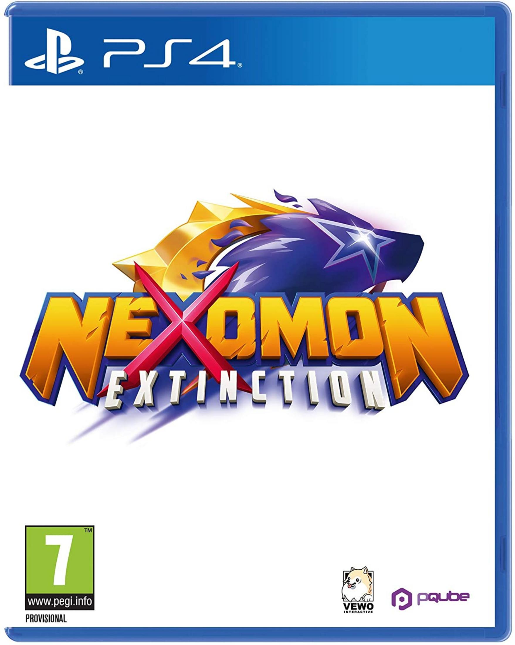 Copertina gioco PS4 Nexomon Extinction con logo, PEGI 7 e loghi Vewo/PQube.