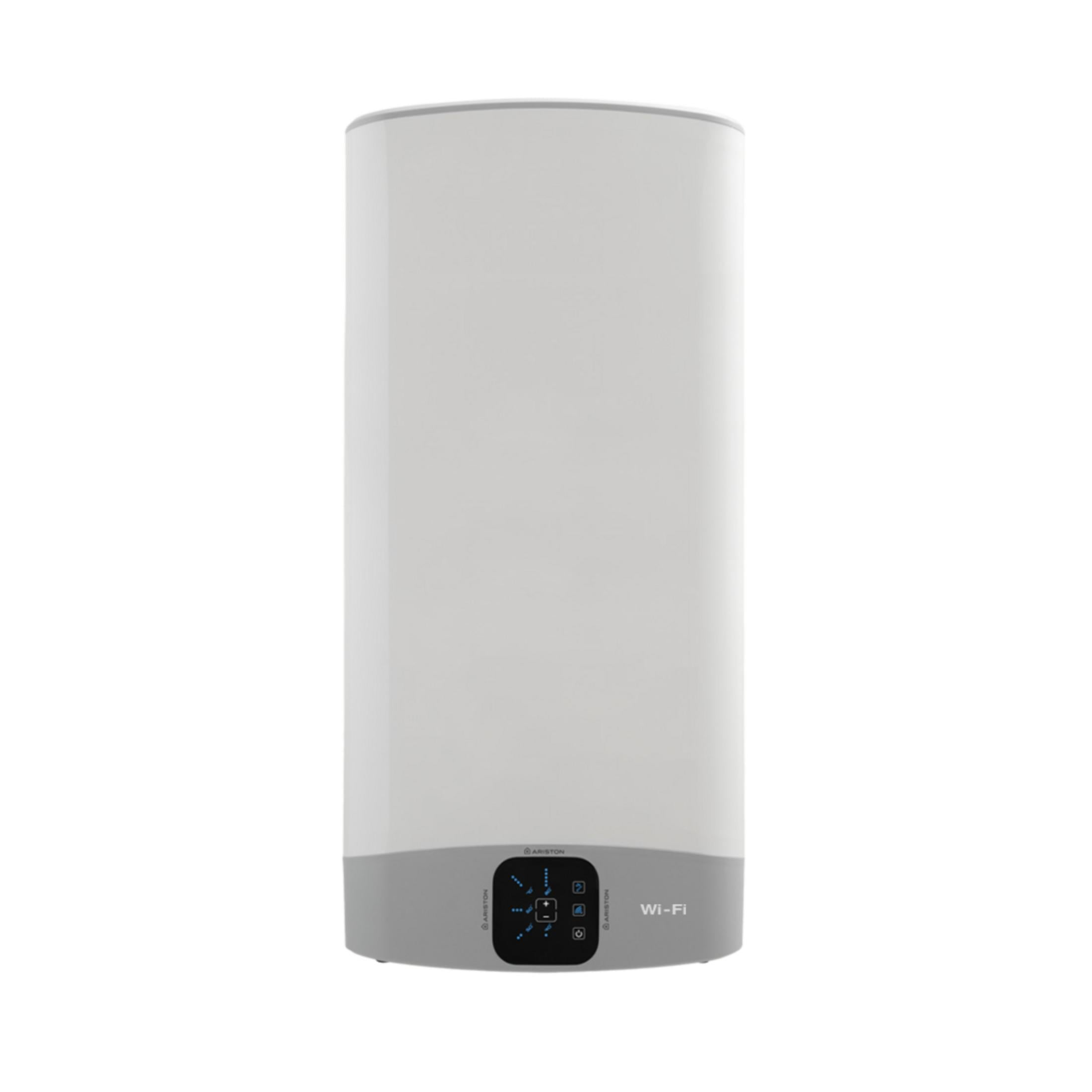 Un calentador de agua blanco con base gris y panel de control con símbolo Wi-Fi.