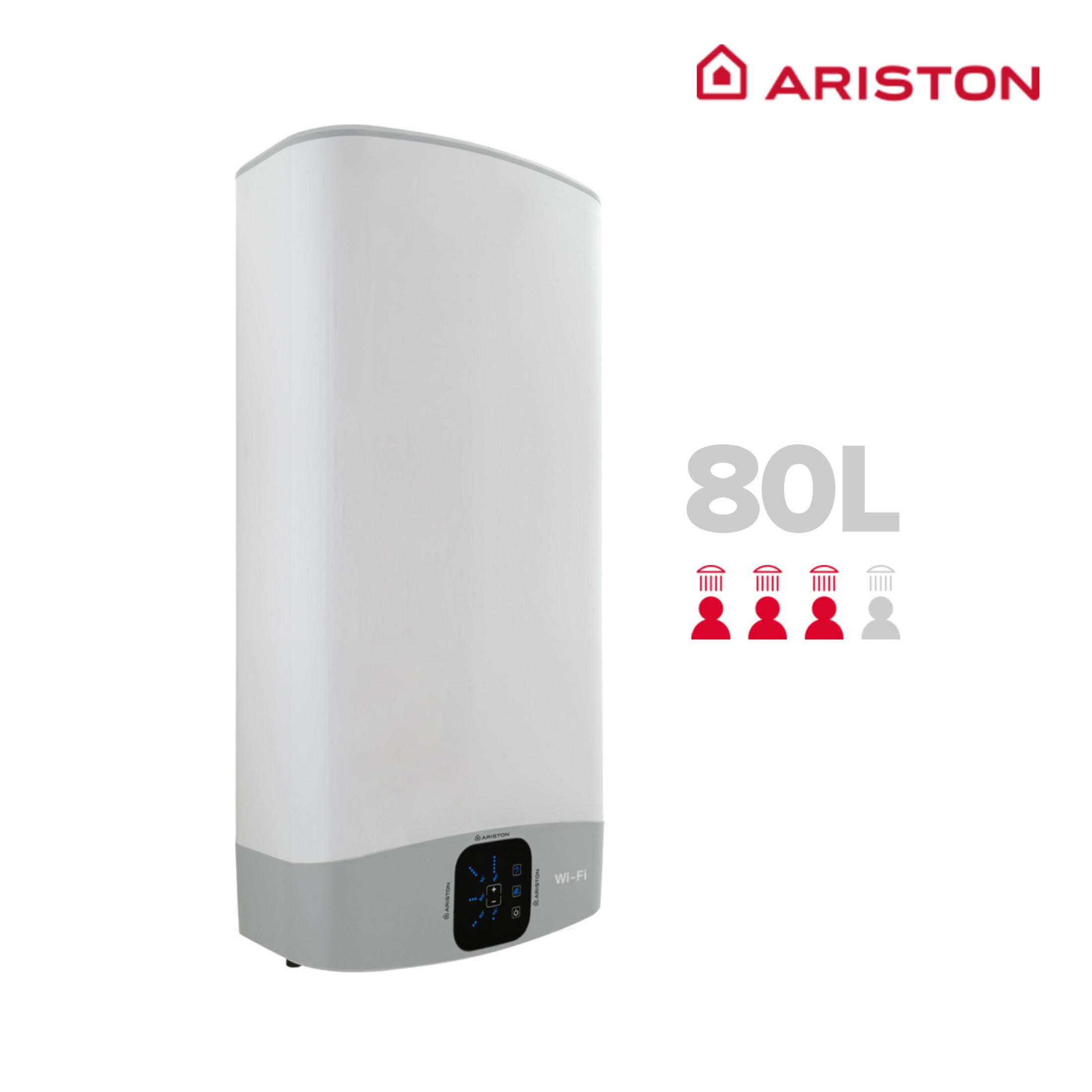 Un calentador de agua Ariston blanco de 80L con símbolo Wi-Fi.
