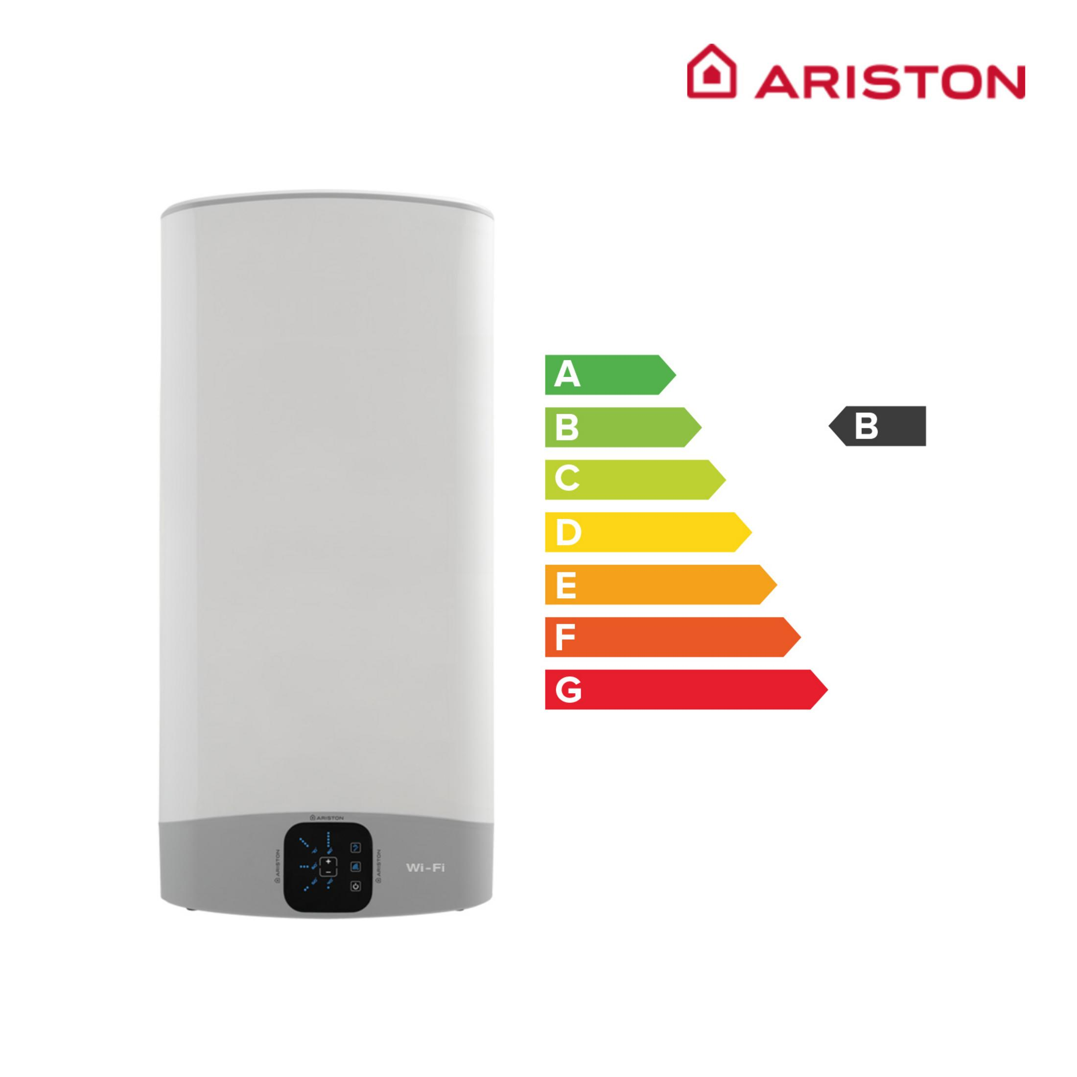 Calentador de agua Ariston con clase de eficiencia energética B e indicador de escala A-G.