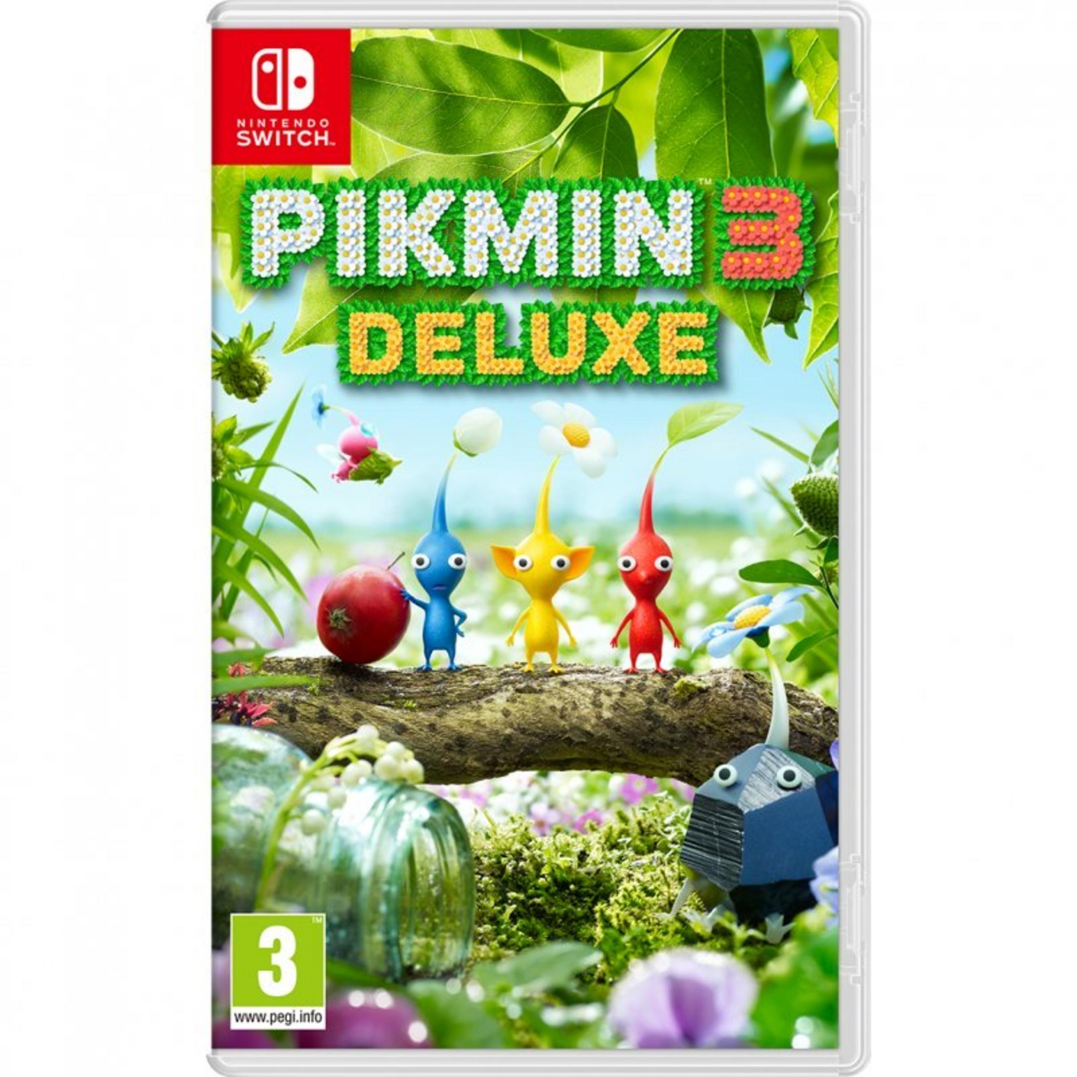Copertina Pikmin 3 Deluxe: Tre Pikmin su un tronco con una mela rossa.