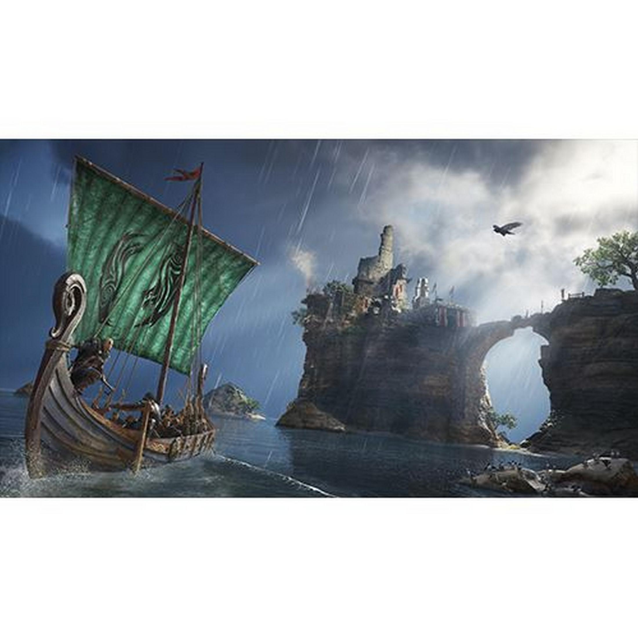 Una nave vichinga con vela verde naviga sotto la pioggia verso un'isola rocciosa con un castello.