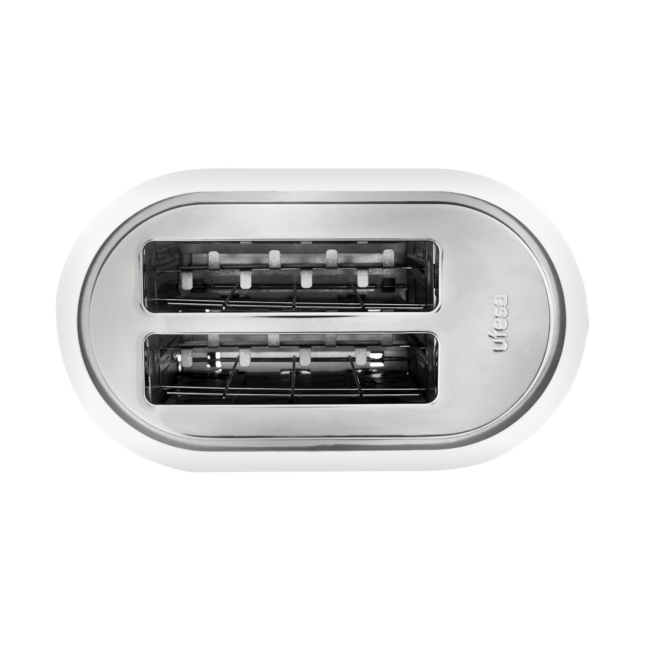 Weißer Toaster mit zwei Schlitzen und Chromdetails. Logo 'ufesa'.