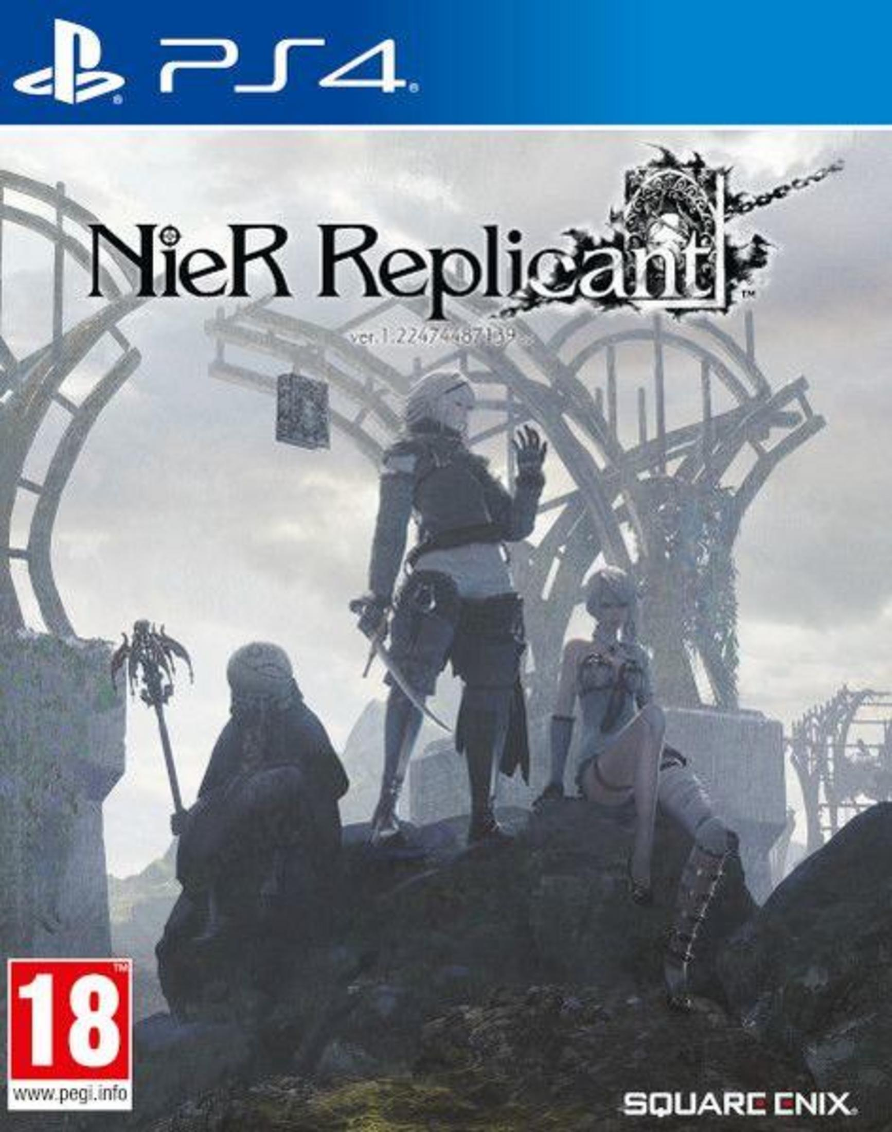 Copertina del gioco PS4 NieR Replicant con tre personaggi e strutture in rovina.
