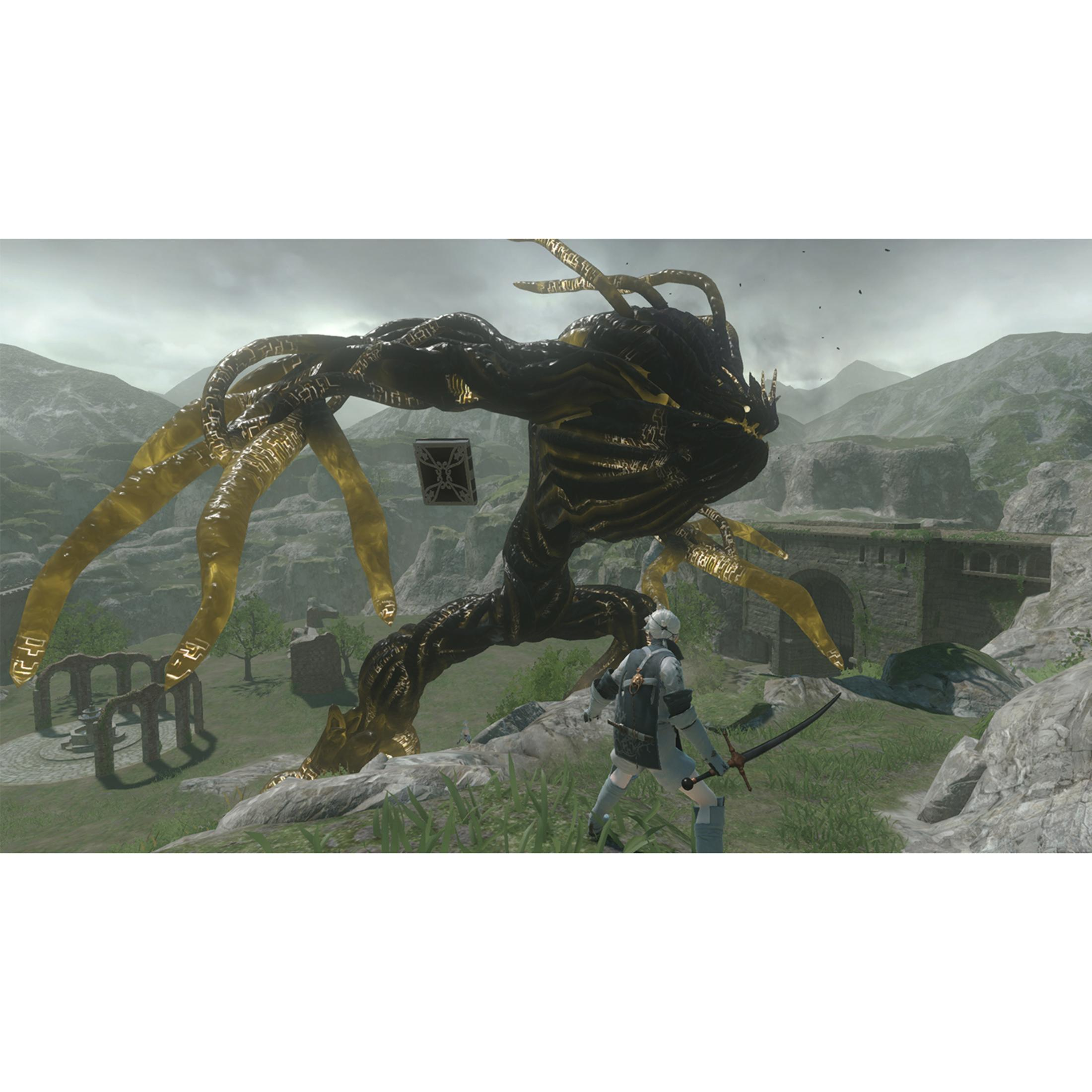 Un mostro con tentacoli dorati incombe su un guerriero dai capelli bianchi con spade in un paesaggio di rovine.