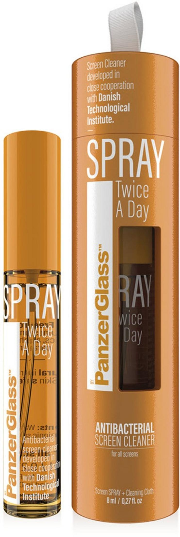 Due flaconi spray arancioni per pulitore di schermi con scritte bianche.