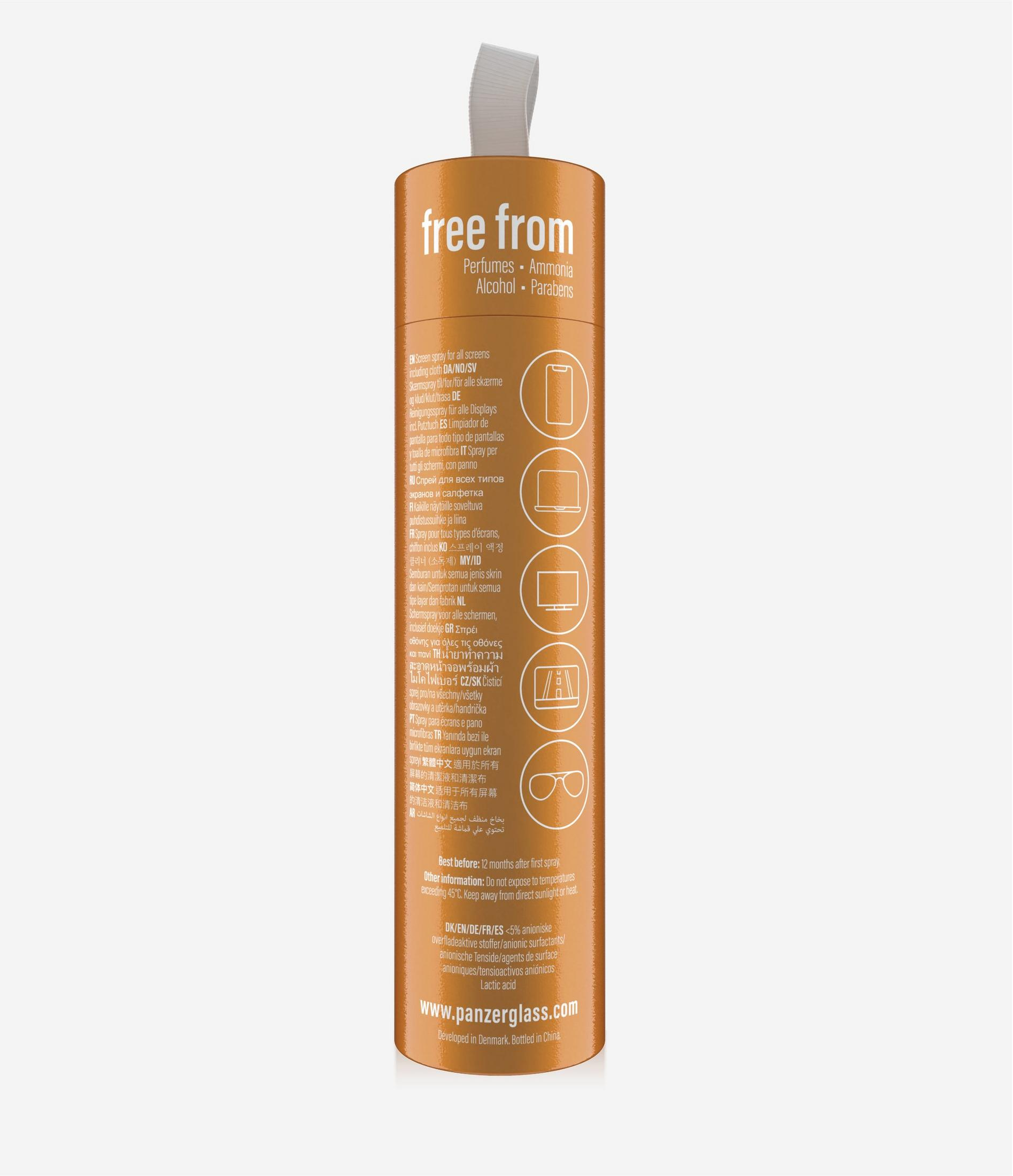 Cilindro arancione con testo "free from", dettagli prodotto pulizia schermi.