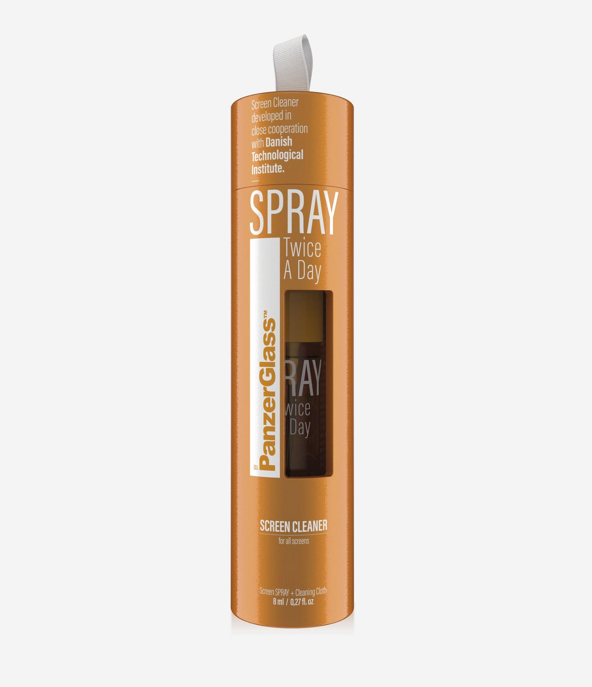 Confezione arancione per un pulitore per schermi etichettato PanzerGlass Spray Twice A Day.