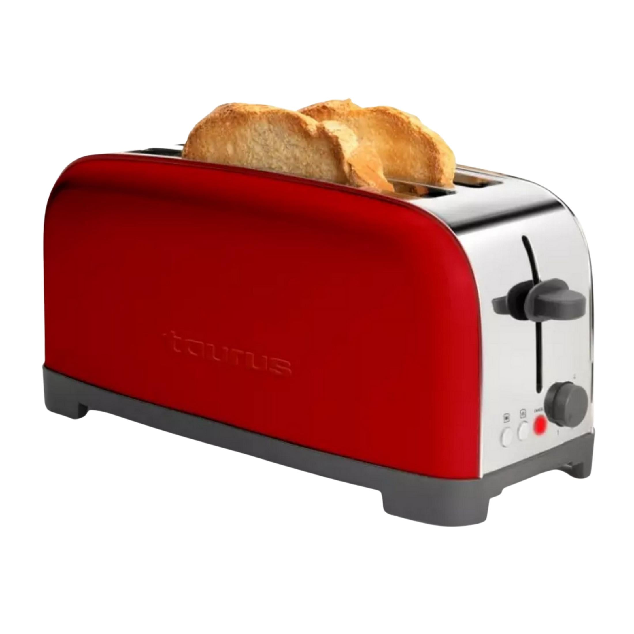 Ein roter Toaster mit zwei Scheiben Toast, auf weißem Hintergrund.