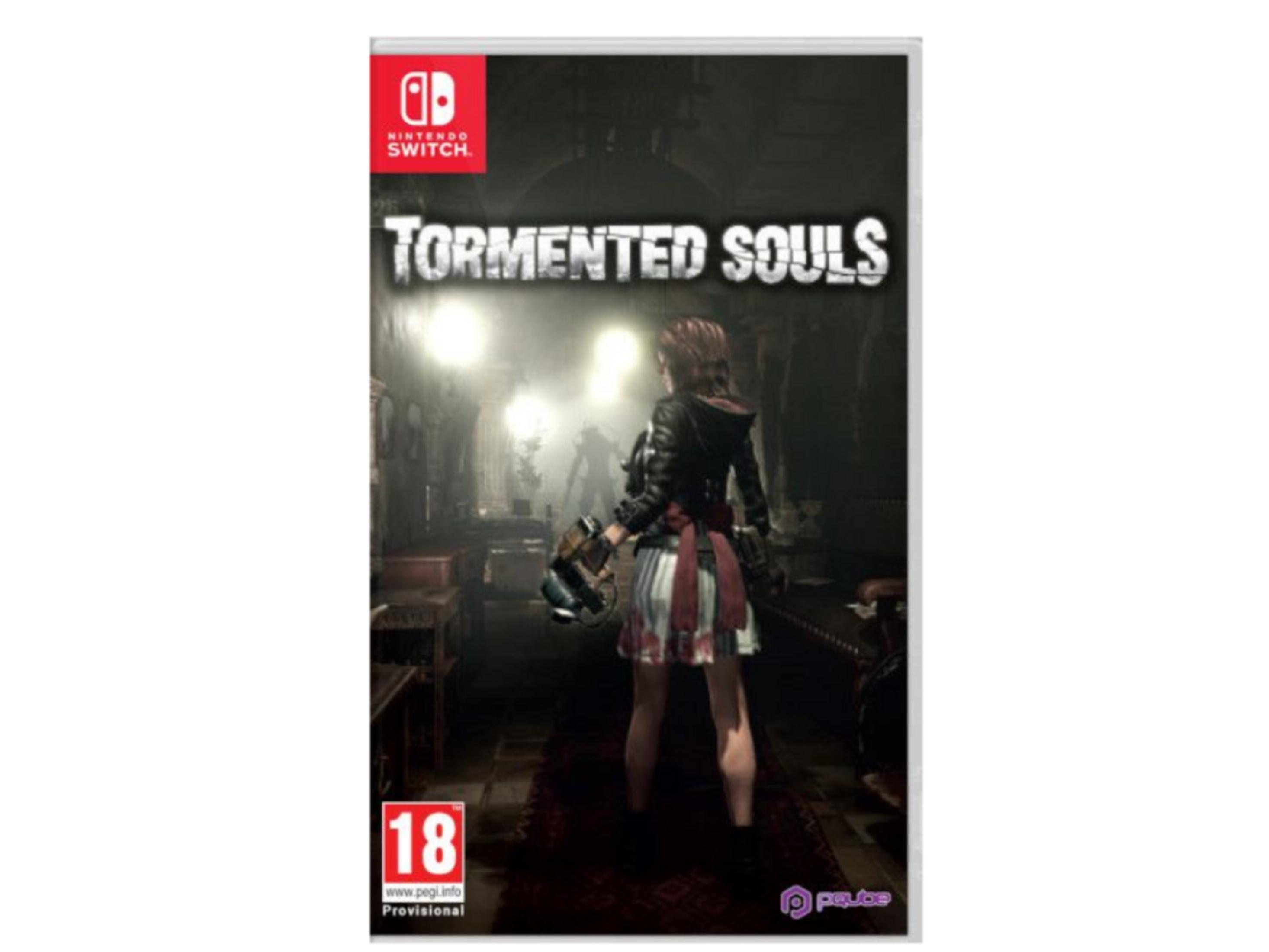 Copertina del gioco Tormented Souls per Nintendo Switch. Donna con gonna a righe, giacca scura.