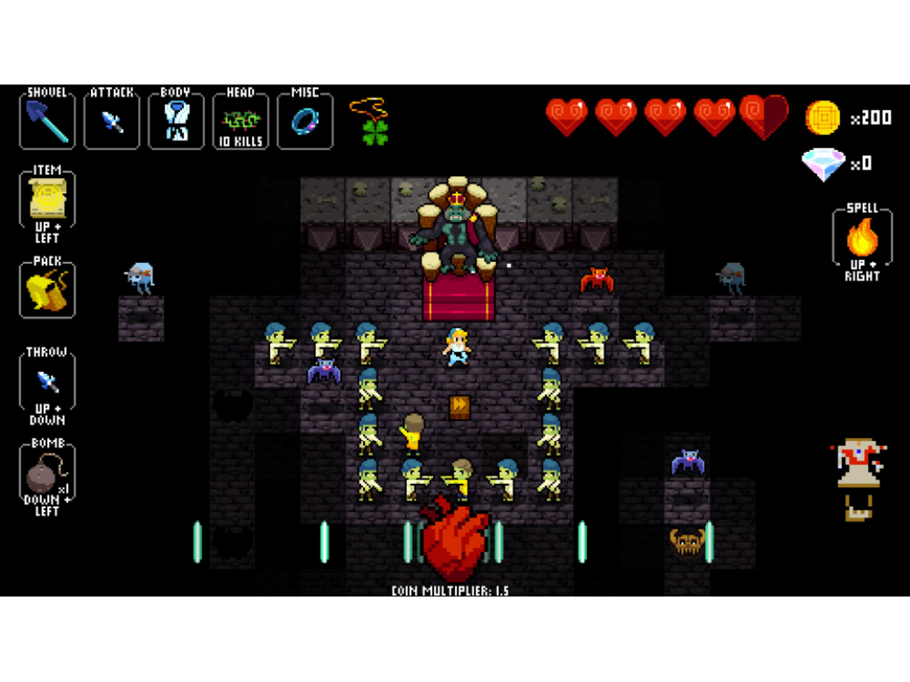 Lucha de jefe pixelada: Un rey en trono, jugador y zombis luchan.