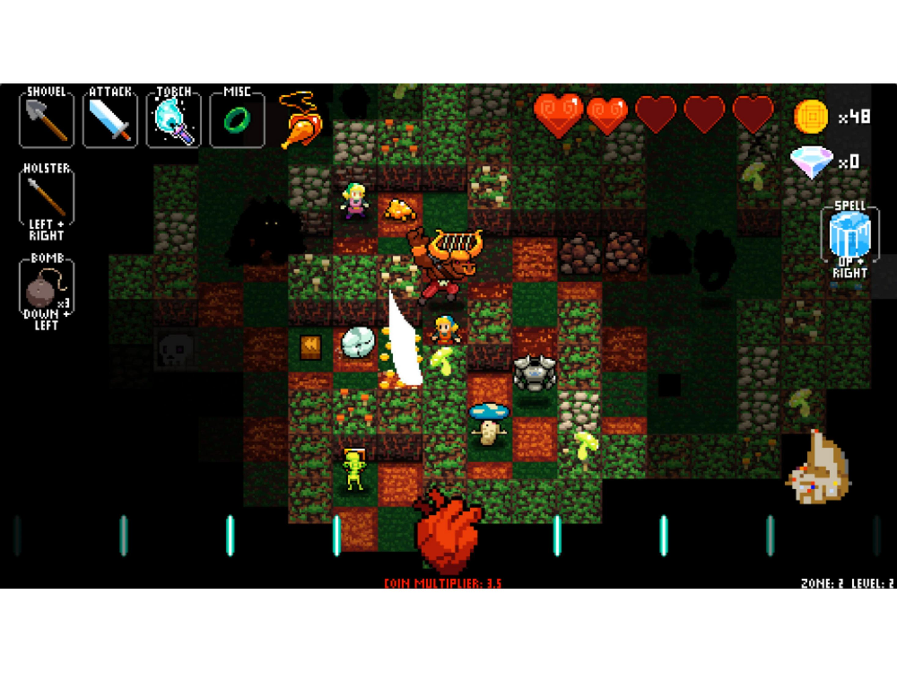 Juego de arte pixelado con personajes, corazones, monedas y nivel de laberinto.