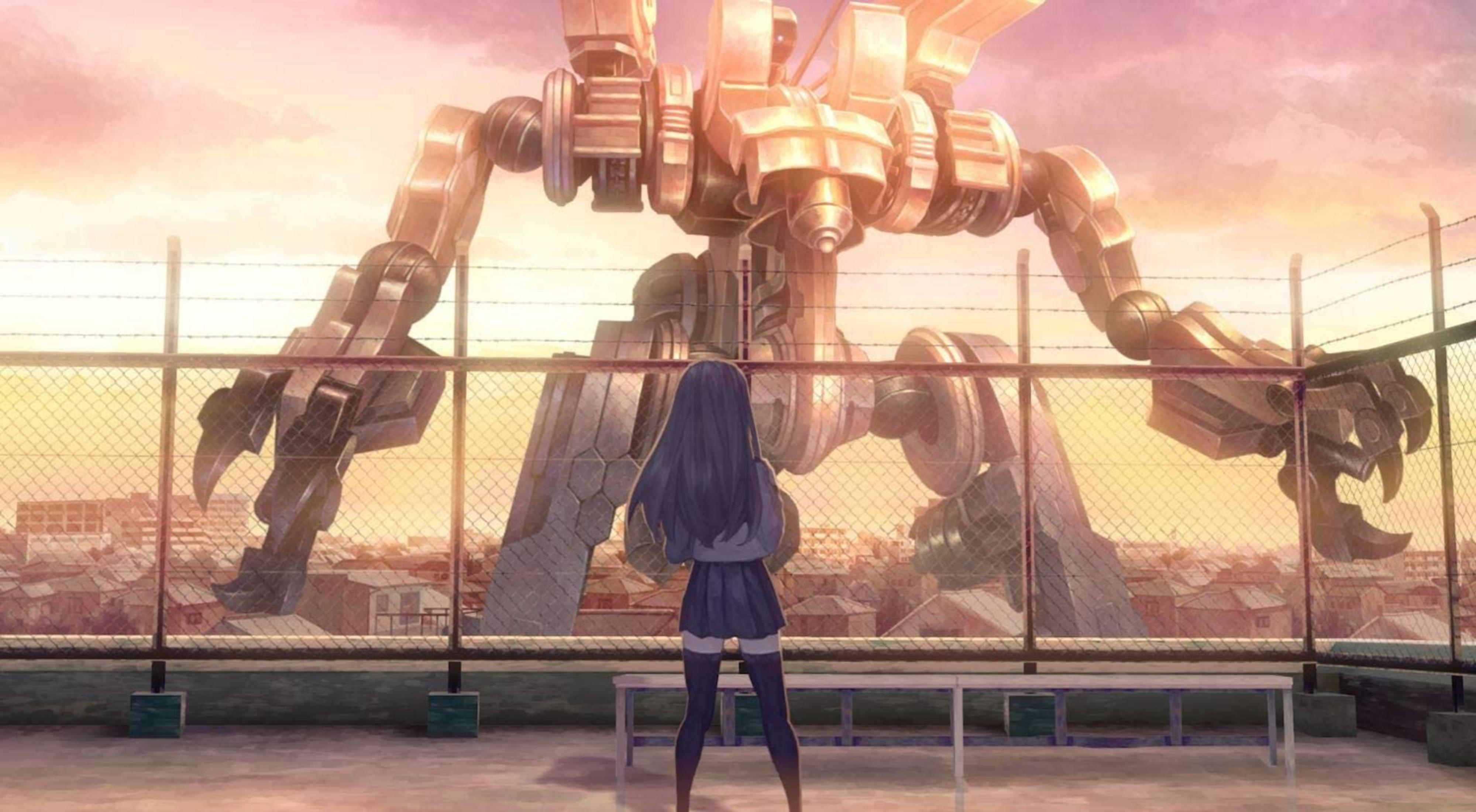 Una chica con uniforme escolar se enfrenta a un robot gigante tras una valla al atardecer.