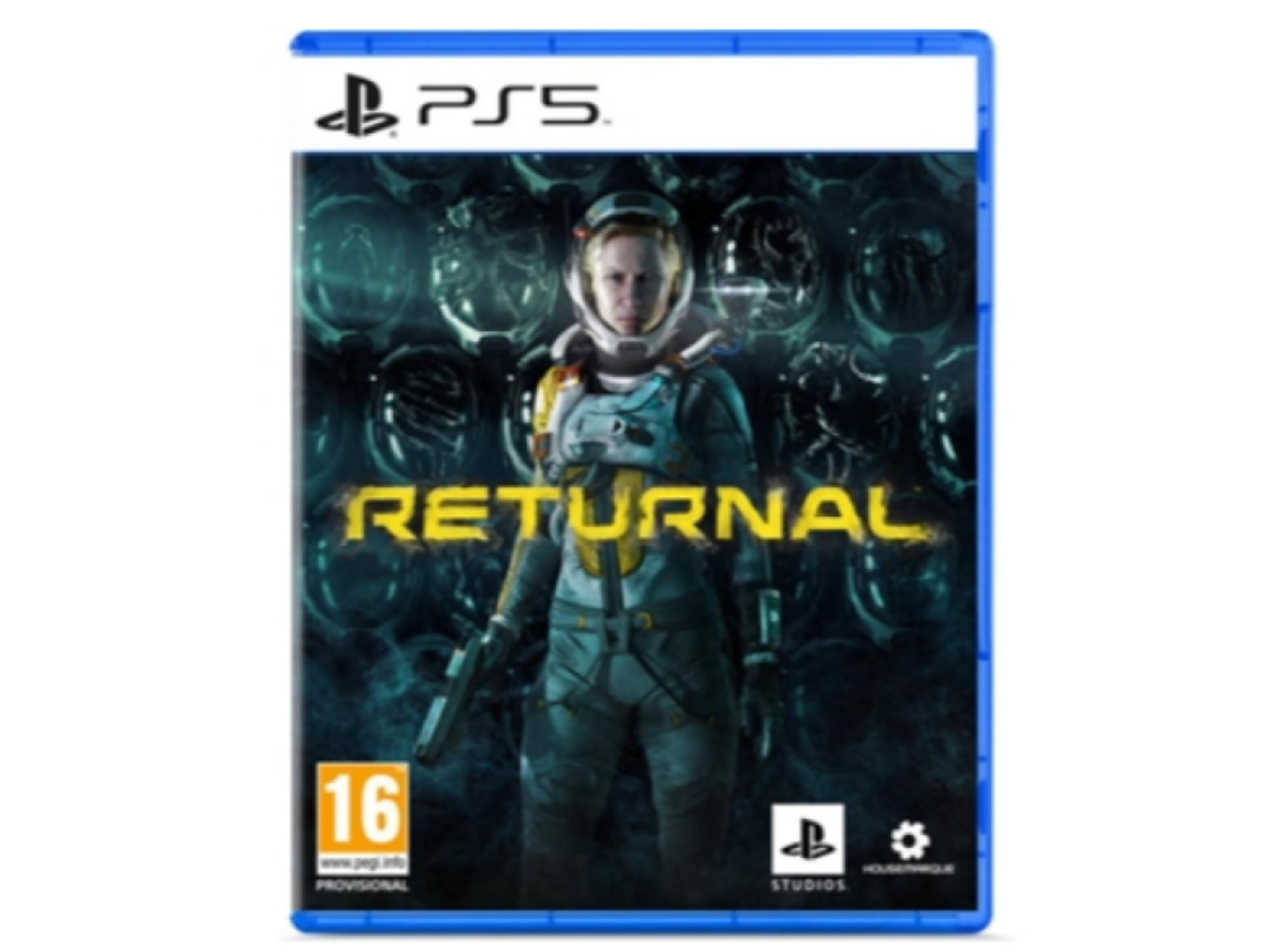 Portada del juego Returnal PS5 con astronauta y título amarillo sobre fondo oscuro.