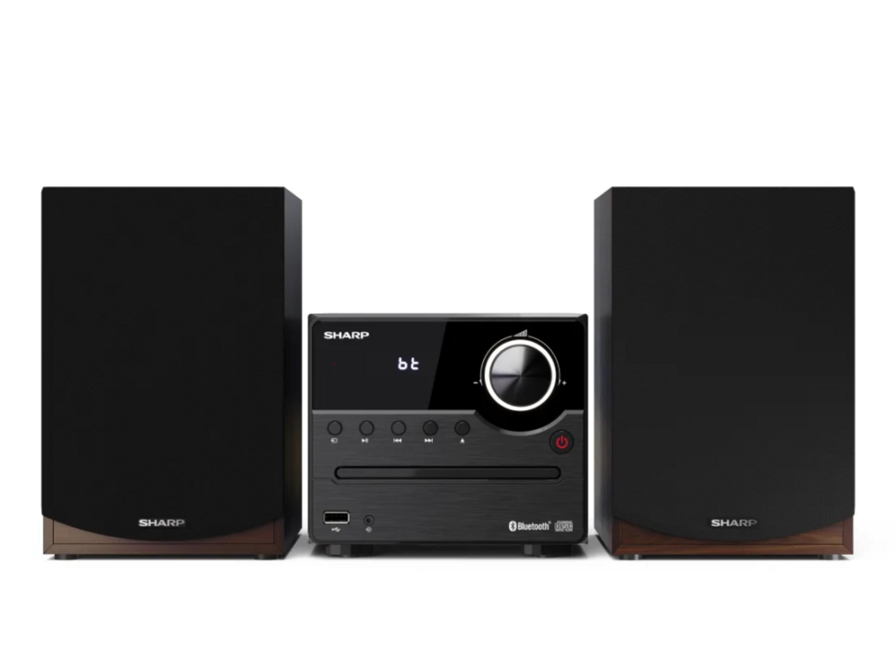 Sistema stereo Sharp nero con lettore CD e due altoparlanti.