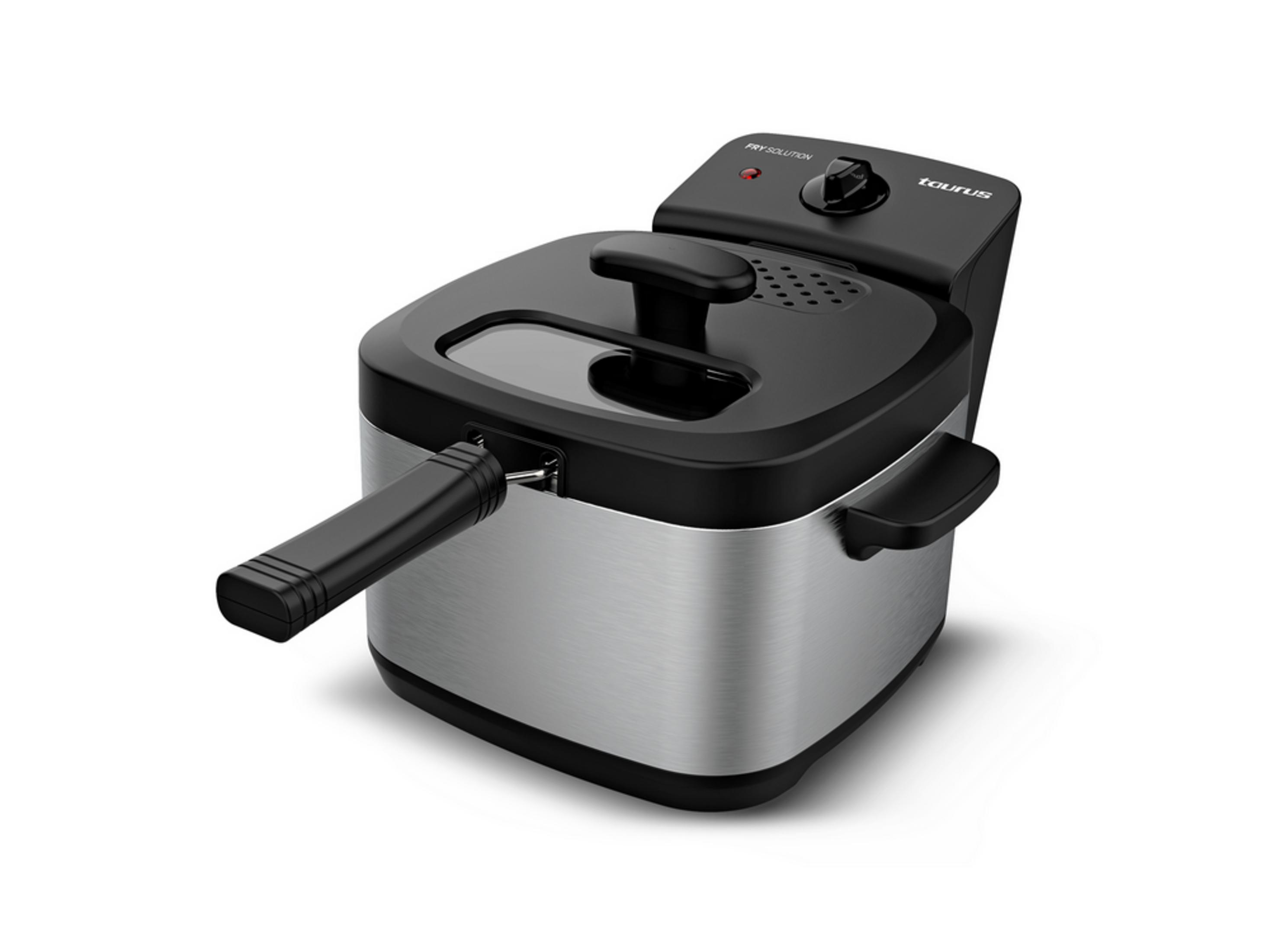 Friteuse argentata compatta con coperchio e manico neri.