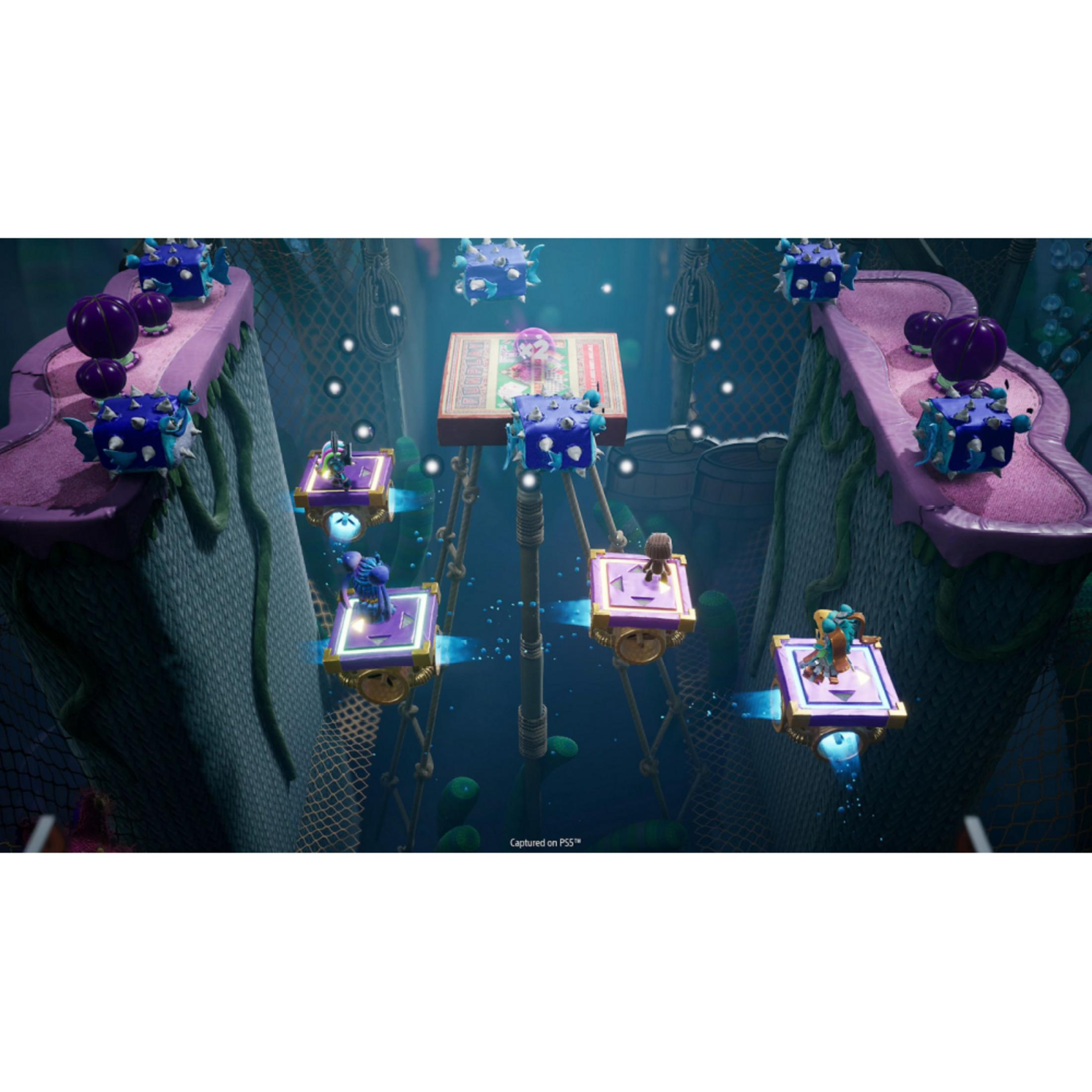 Scena di gioco con personaggi su piattaforme viola sospese da treppiedi.