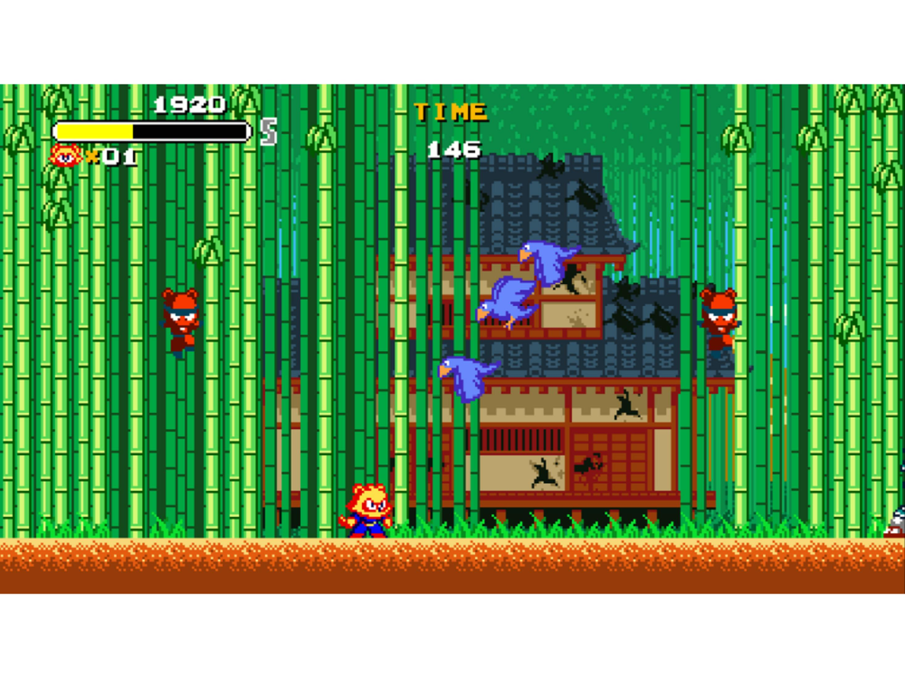 Scena di videogioco con foresta di bambù, casa giapponese, personaggi e uccelli.