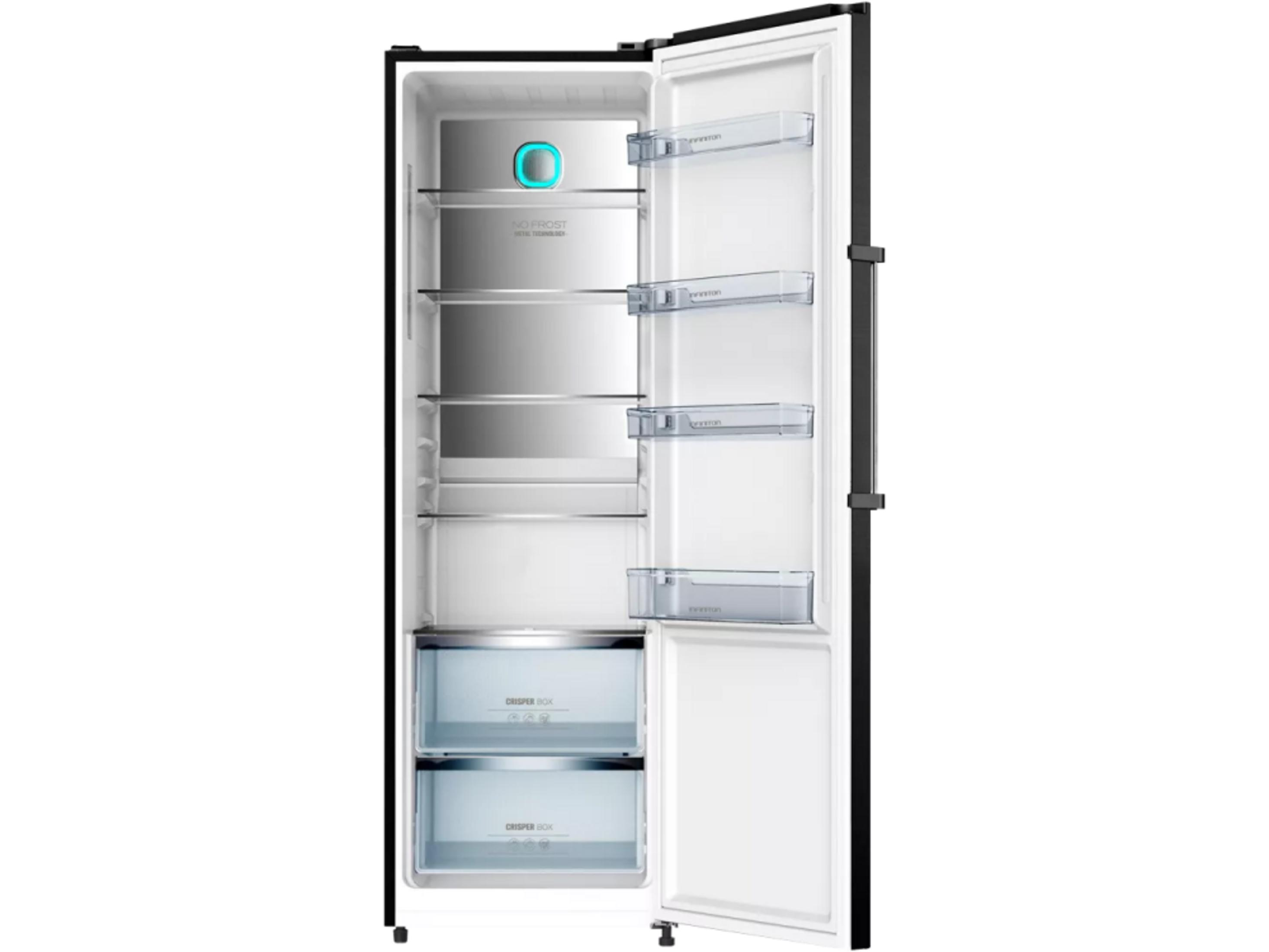Un refrigerador negro abierto con estantes de vidrio y dos cajones.