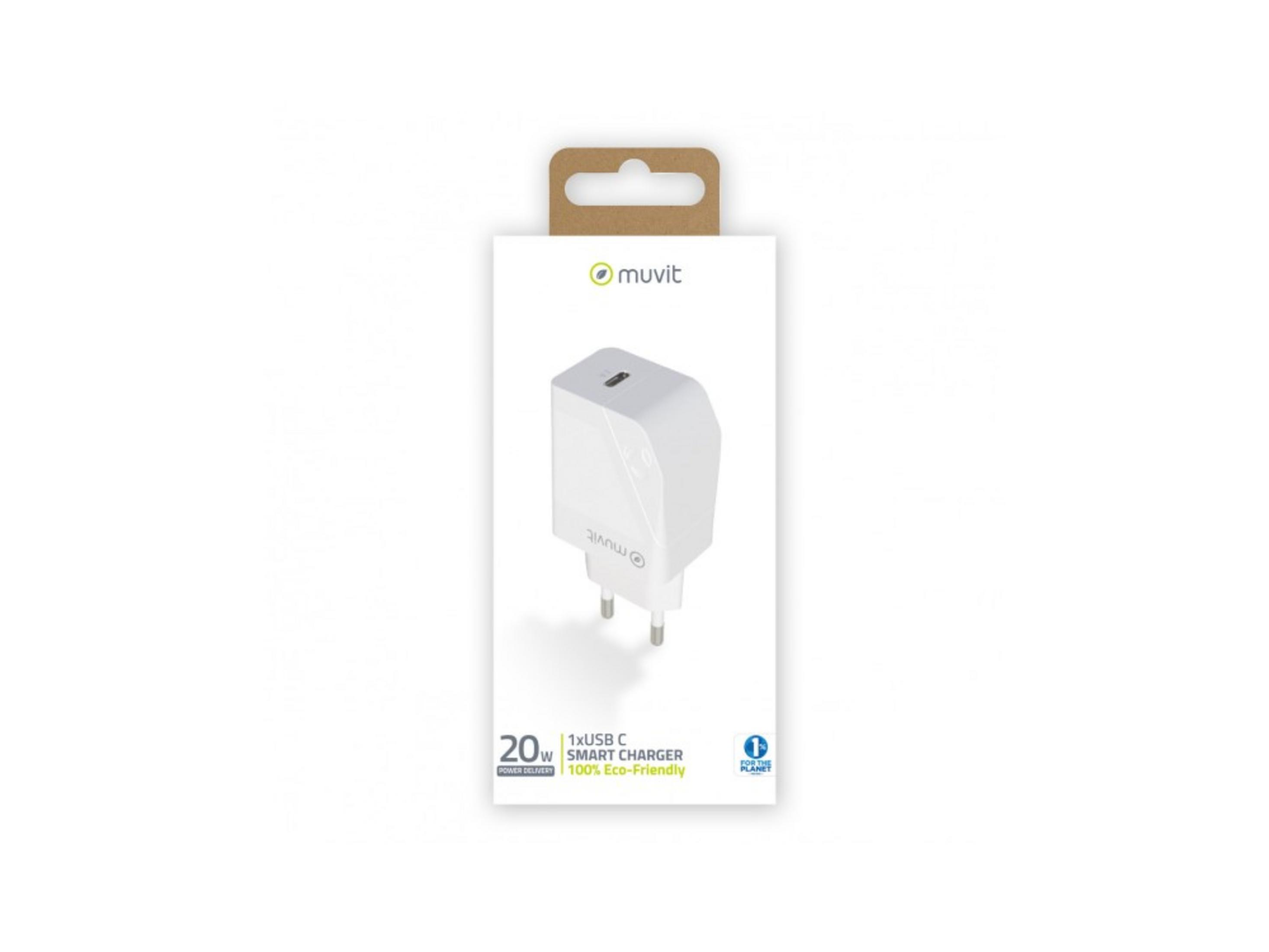 Embalaje de un cargador USB-C blanco de 20W con marca "Muvit".
