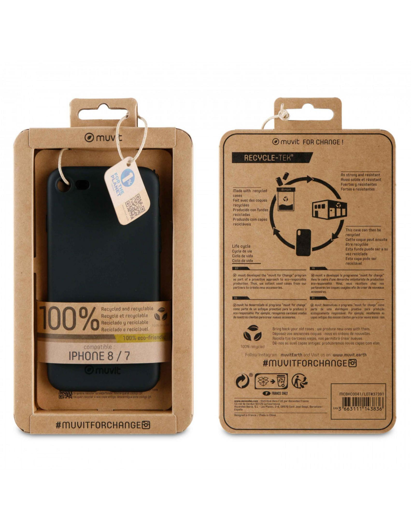 Schwarze iPhone-Hülle in einer recycelten Pappverpackung mit Recycling-Informationen.