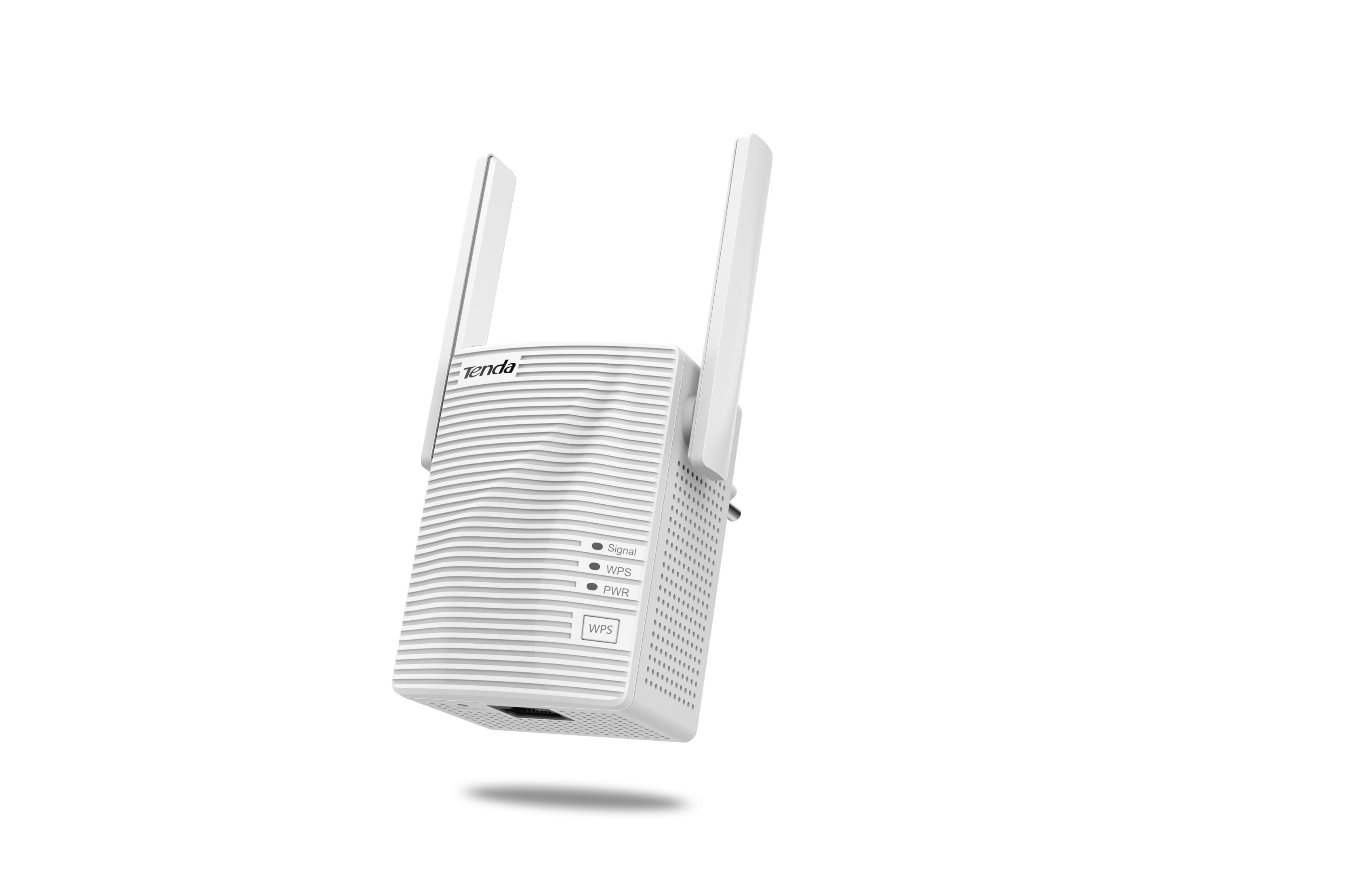 Un extensor Wi-Fi Tenda blanco con antenas y luces indicadoras.