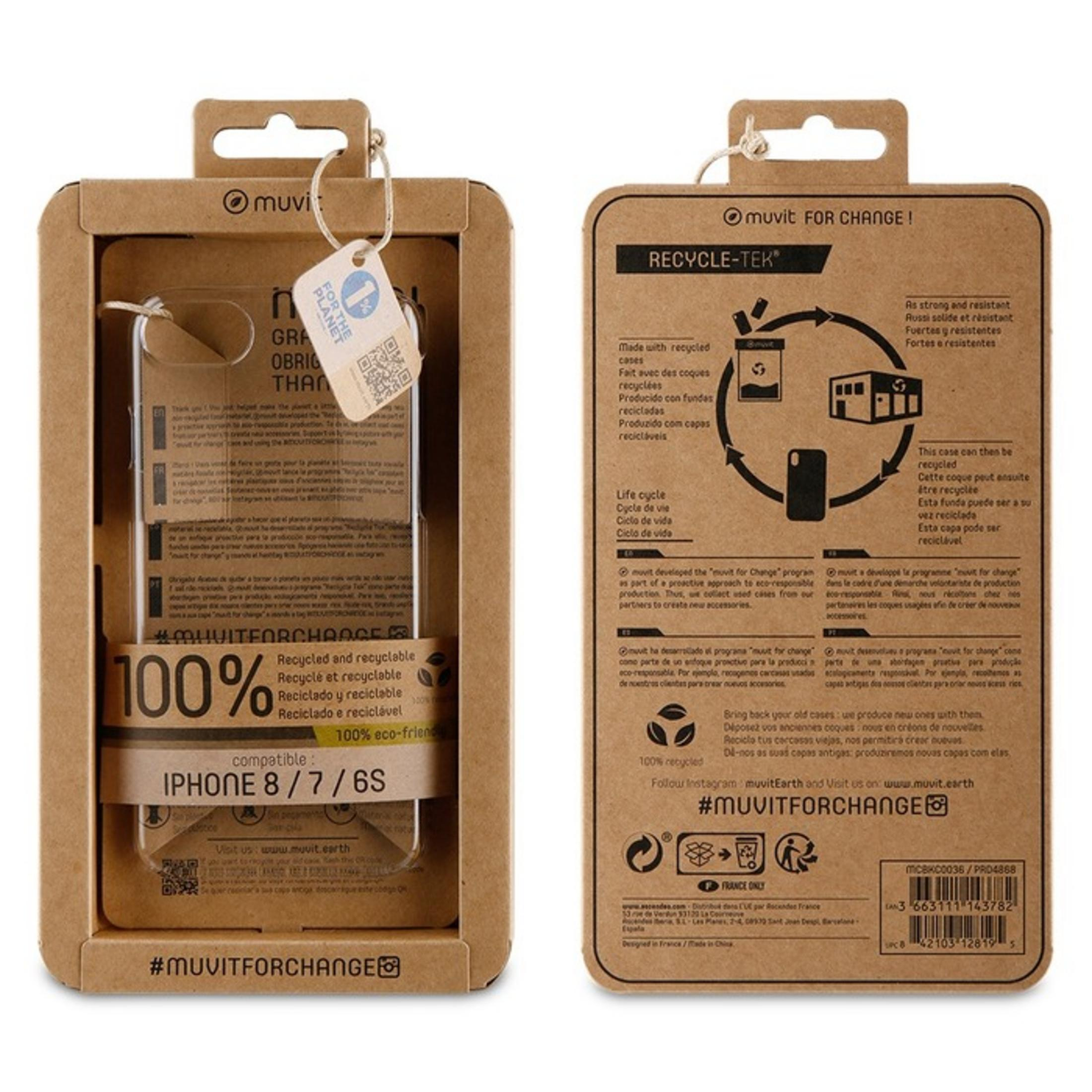 Confezione per cover iPhone 8/7/6S, 100% riciclata, con info Muvit.
