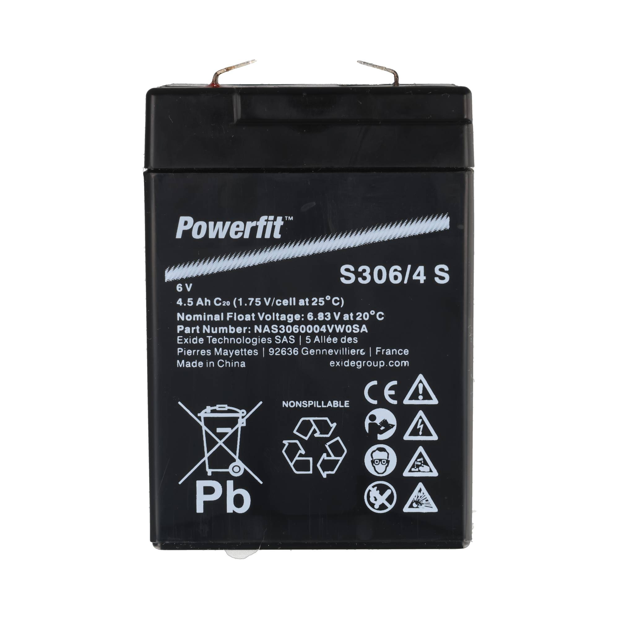 Schwarze Powerfit-Batterie mit technischen Daten und Warnsymbolen.