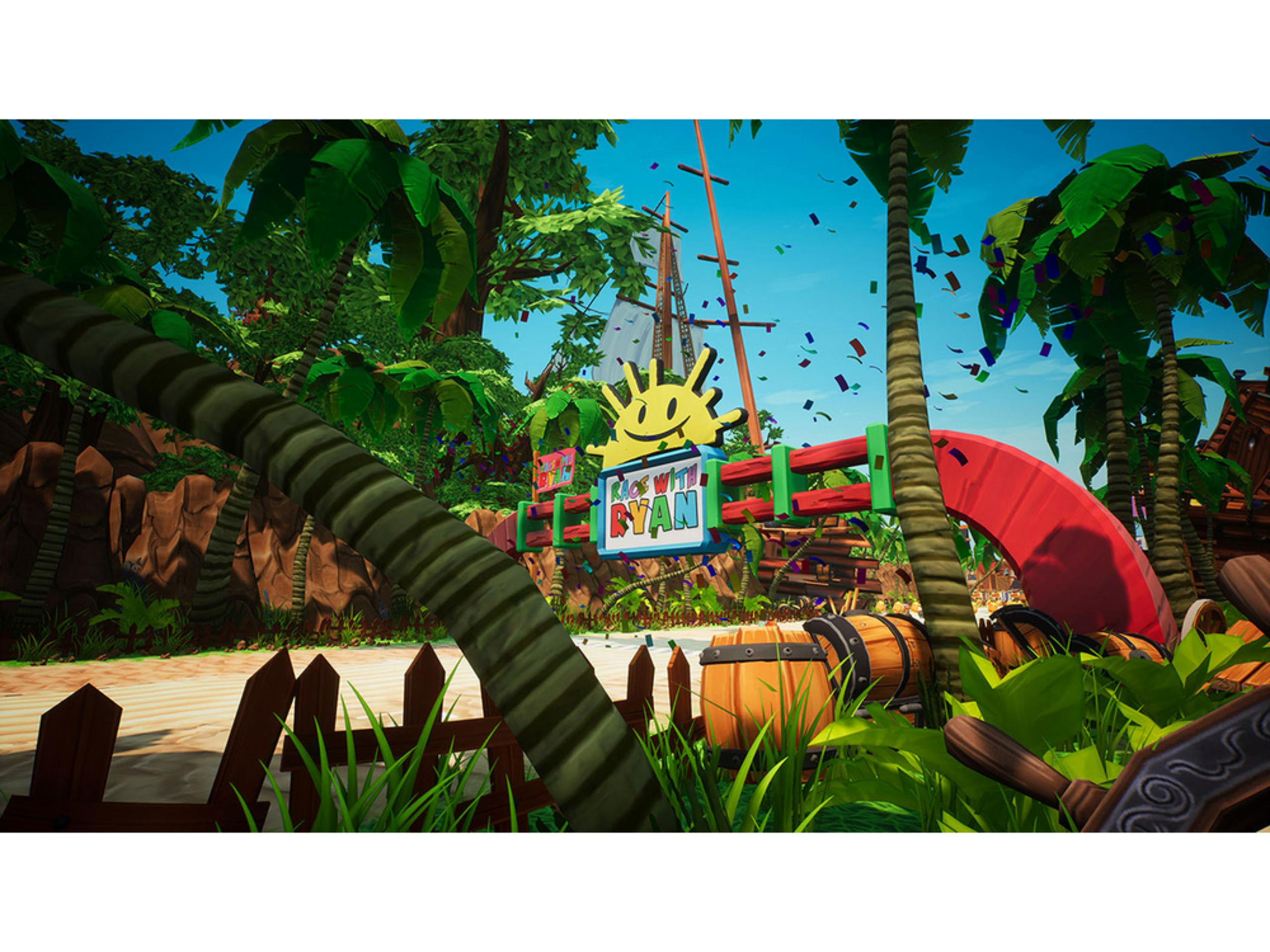 Una pista tropicale con palme, coriandoli e un cartello 'Race with Ryan'.