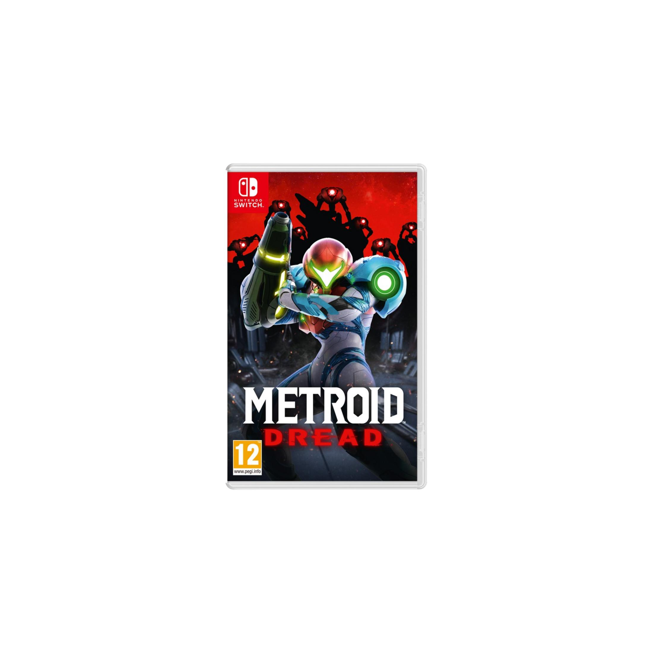 Samus Aran in armatura con un'arma, copertina di Metroid Dread.