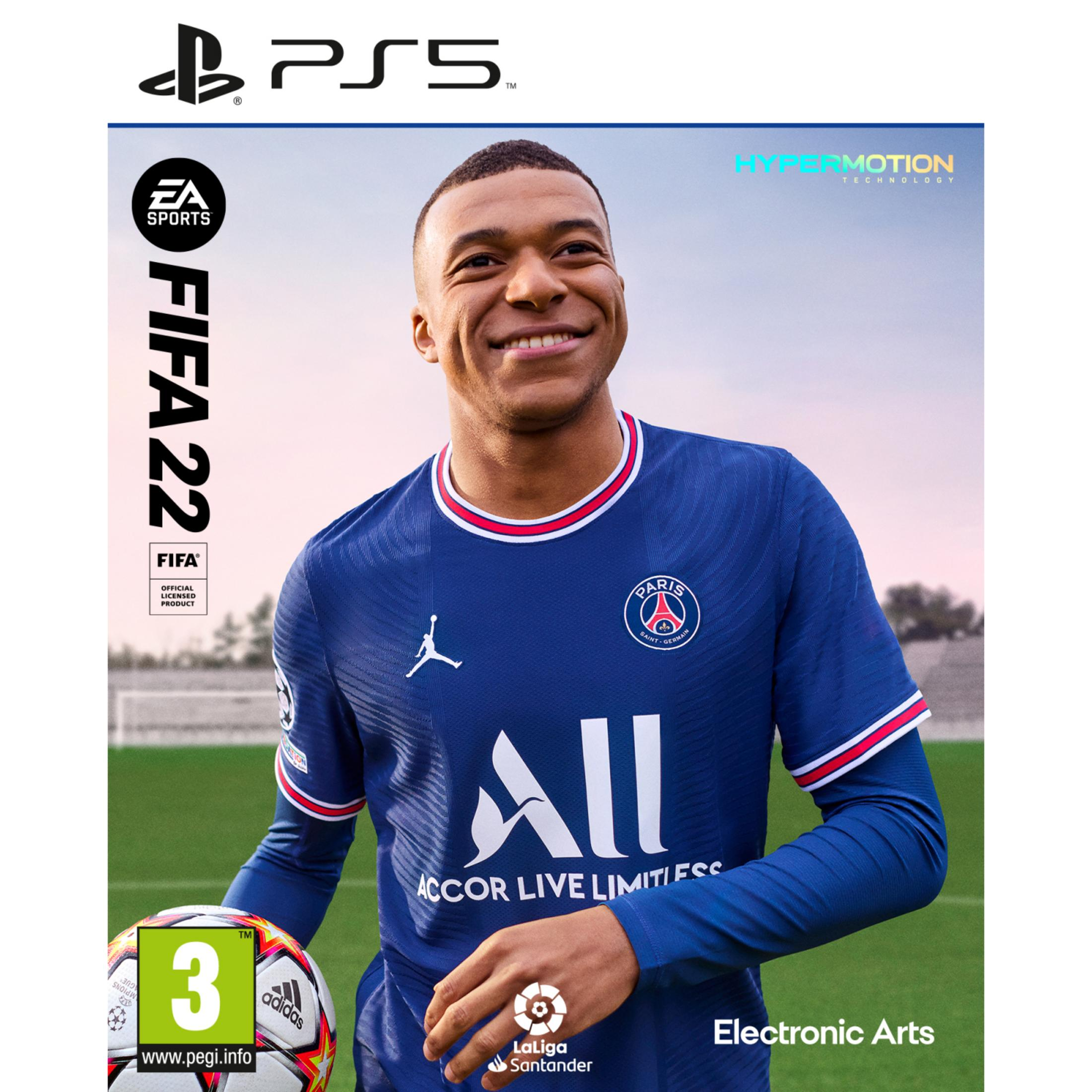 Portada de FIFA 22 con Mbappé en camiseta PSG, balón y logos.
