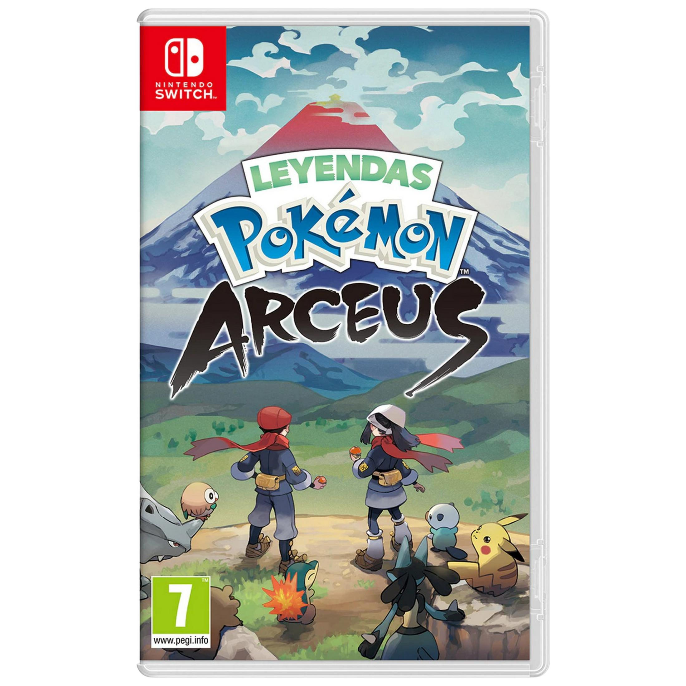 Copertina gioco Nintendo Switch con due personaggi e Pokémon su sfondo montano.