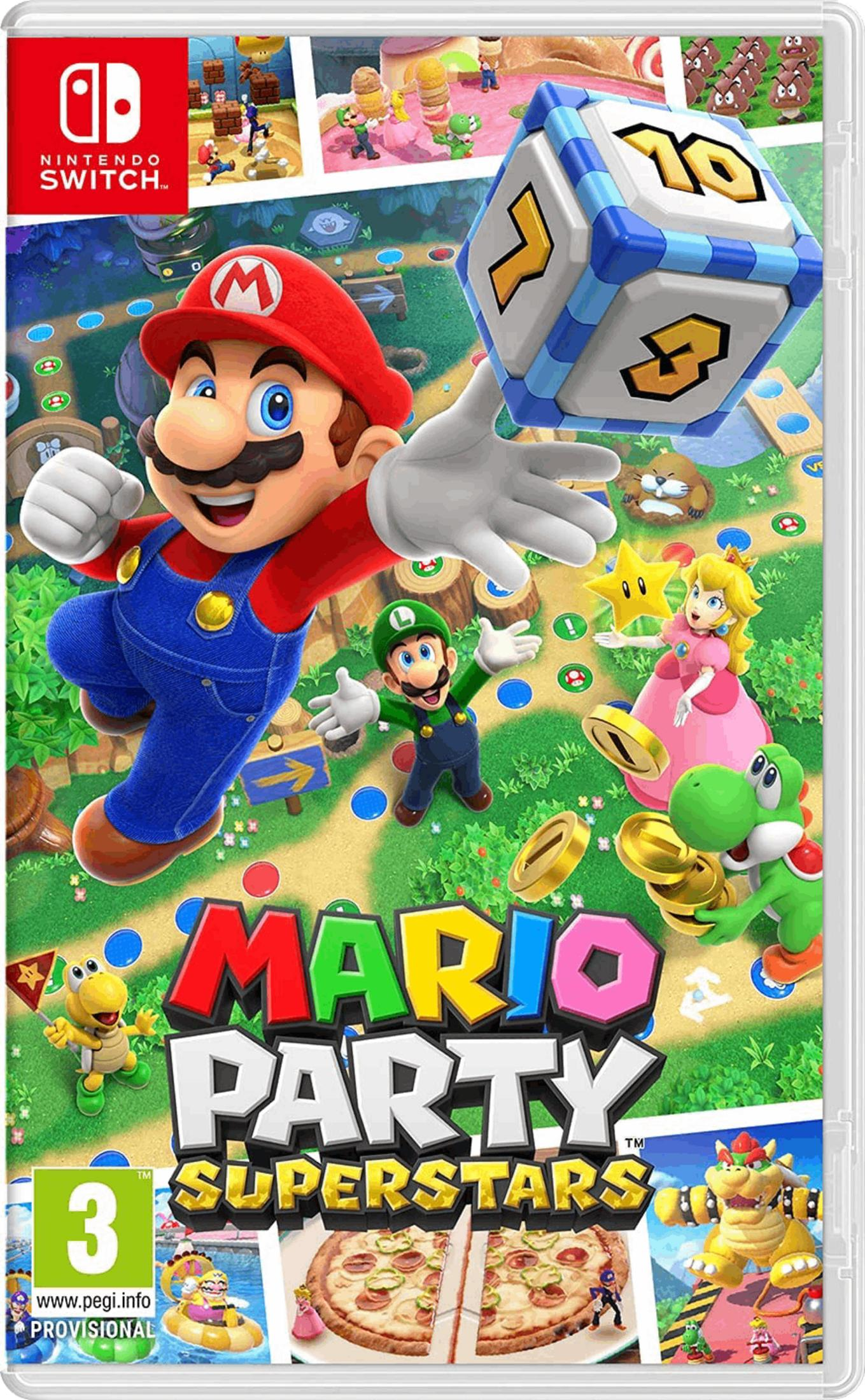 Copertina di Mario Party Superstars: Mario, Luigi, Peach, Yoshi, Bowser, Goomba, dado, pizza.