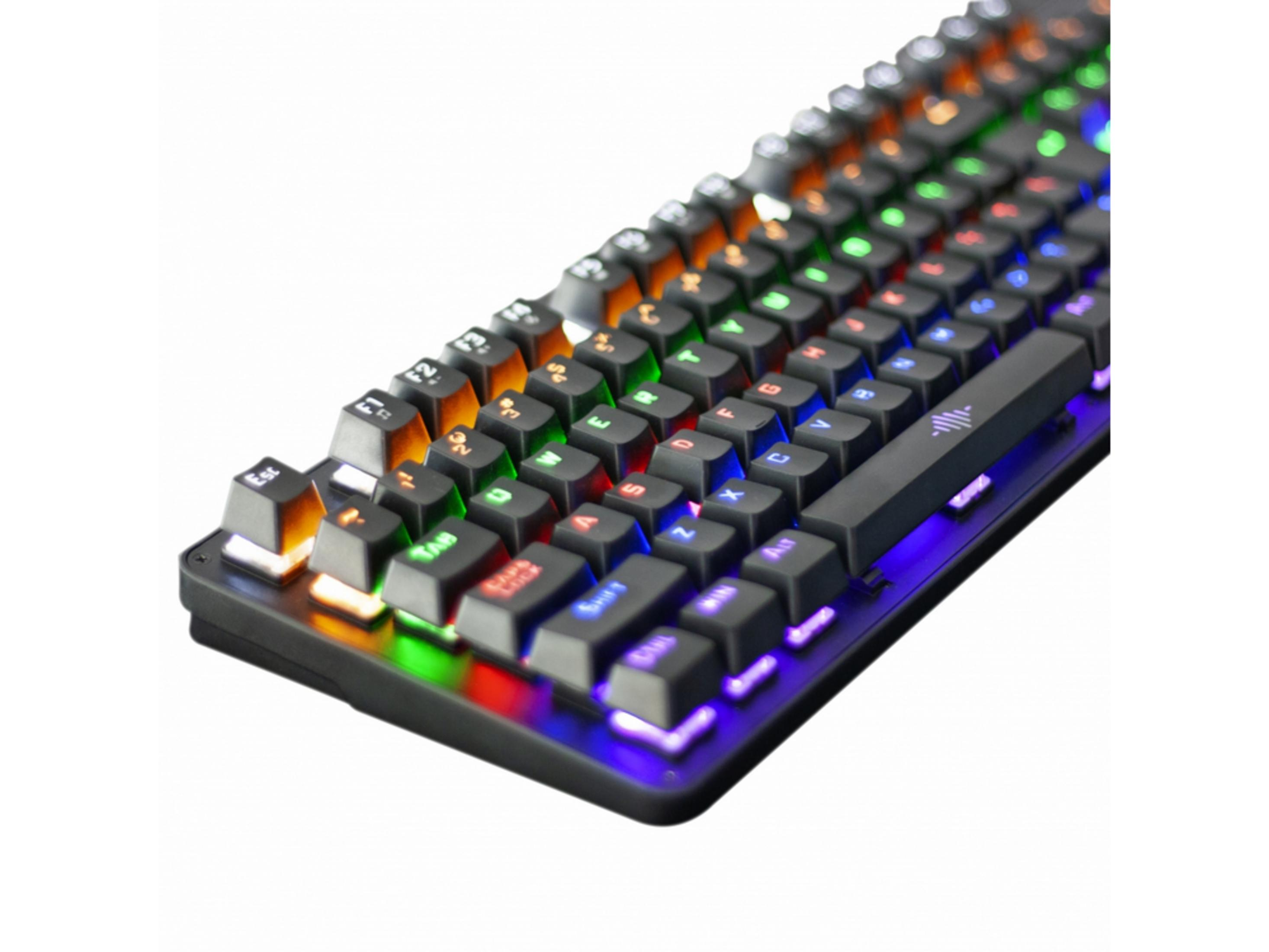 Una tastiera nera con tasti retroilluminati RGB colorati su sfondo bianco.
