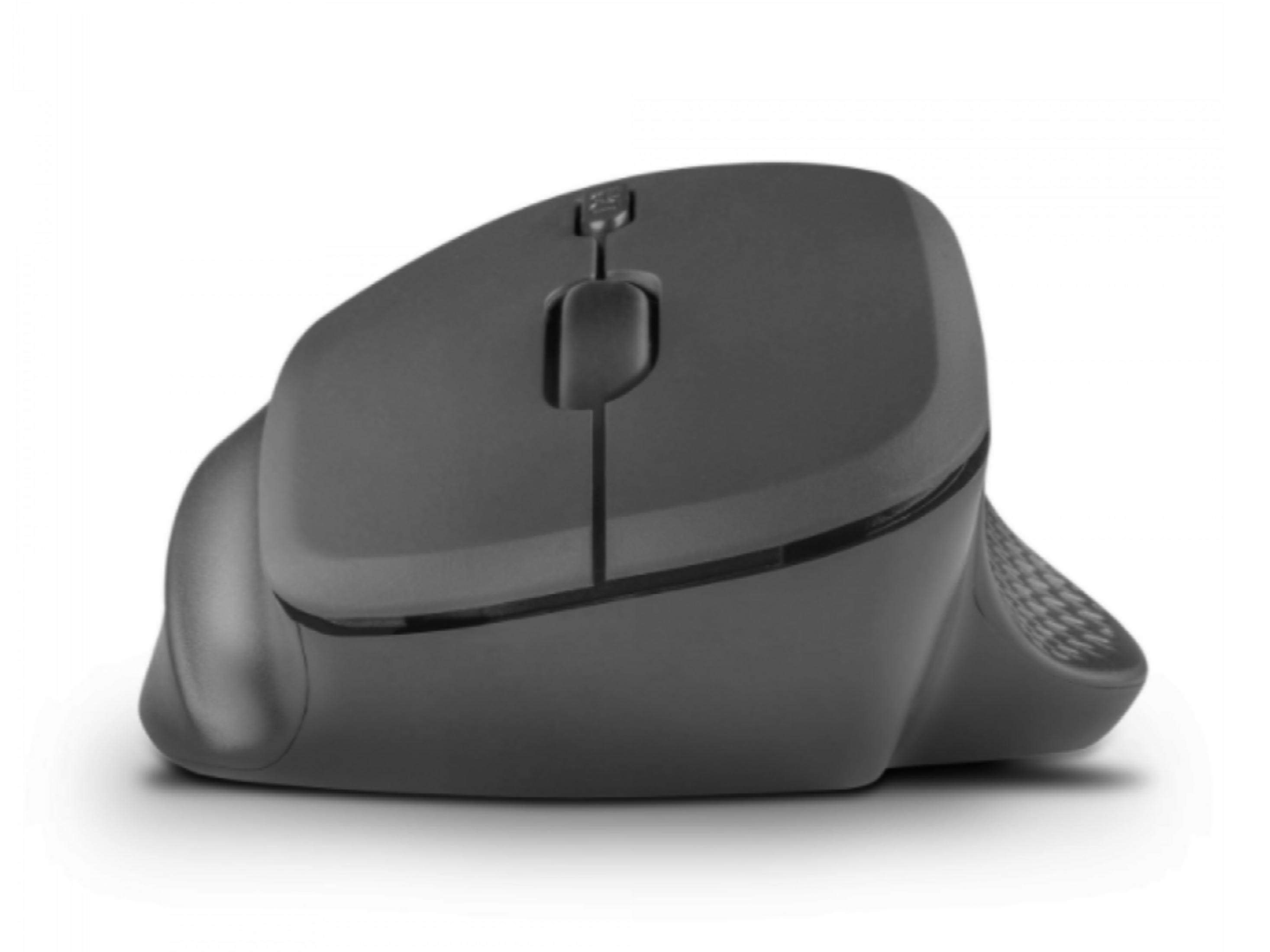 A dark, ergonomic computer mouse with a scroll wheel and buttons on a white background.