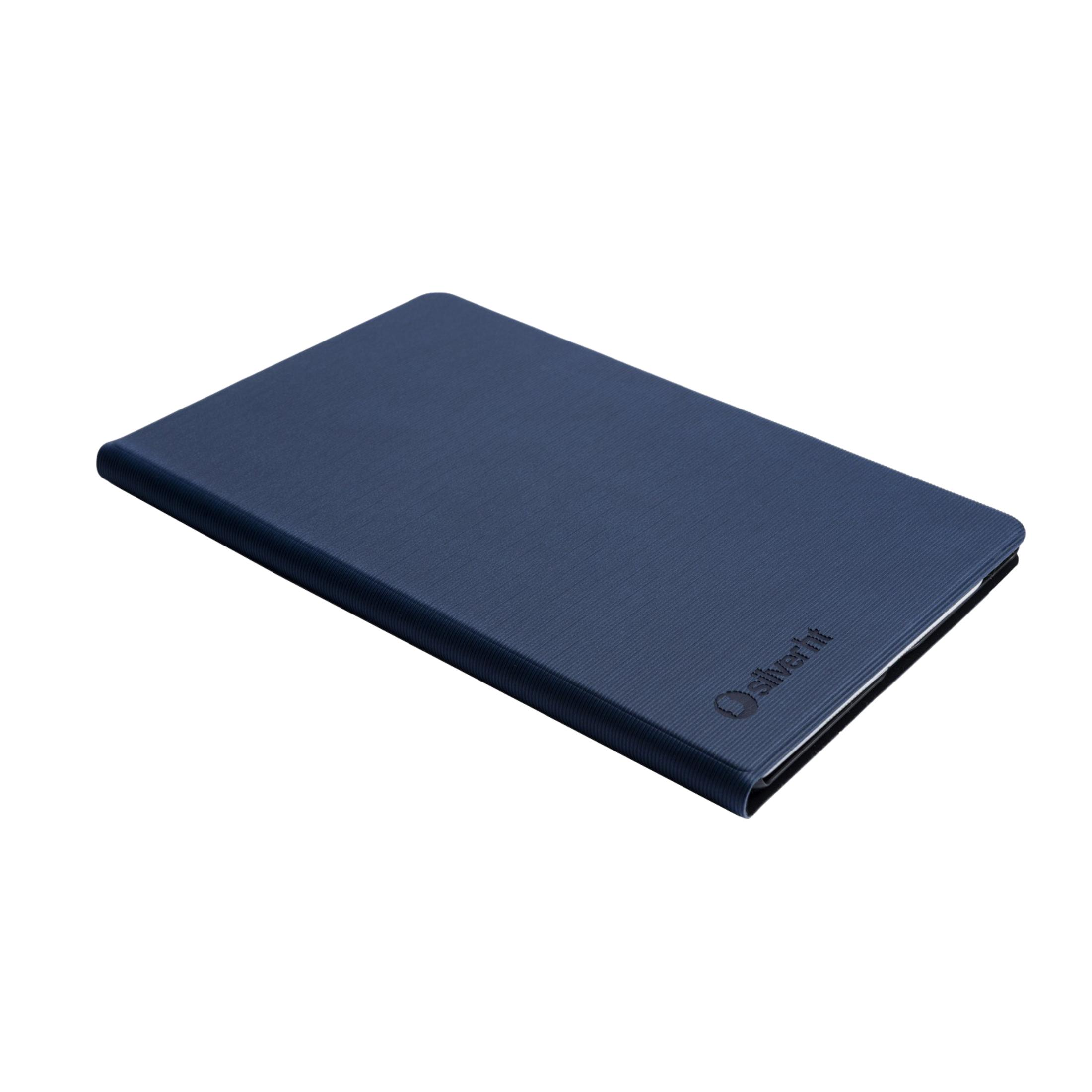 Funda azul oscuro para tableta con textura acanalada y logo al frente.