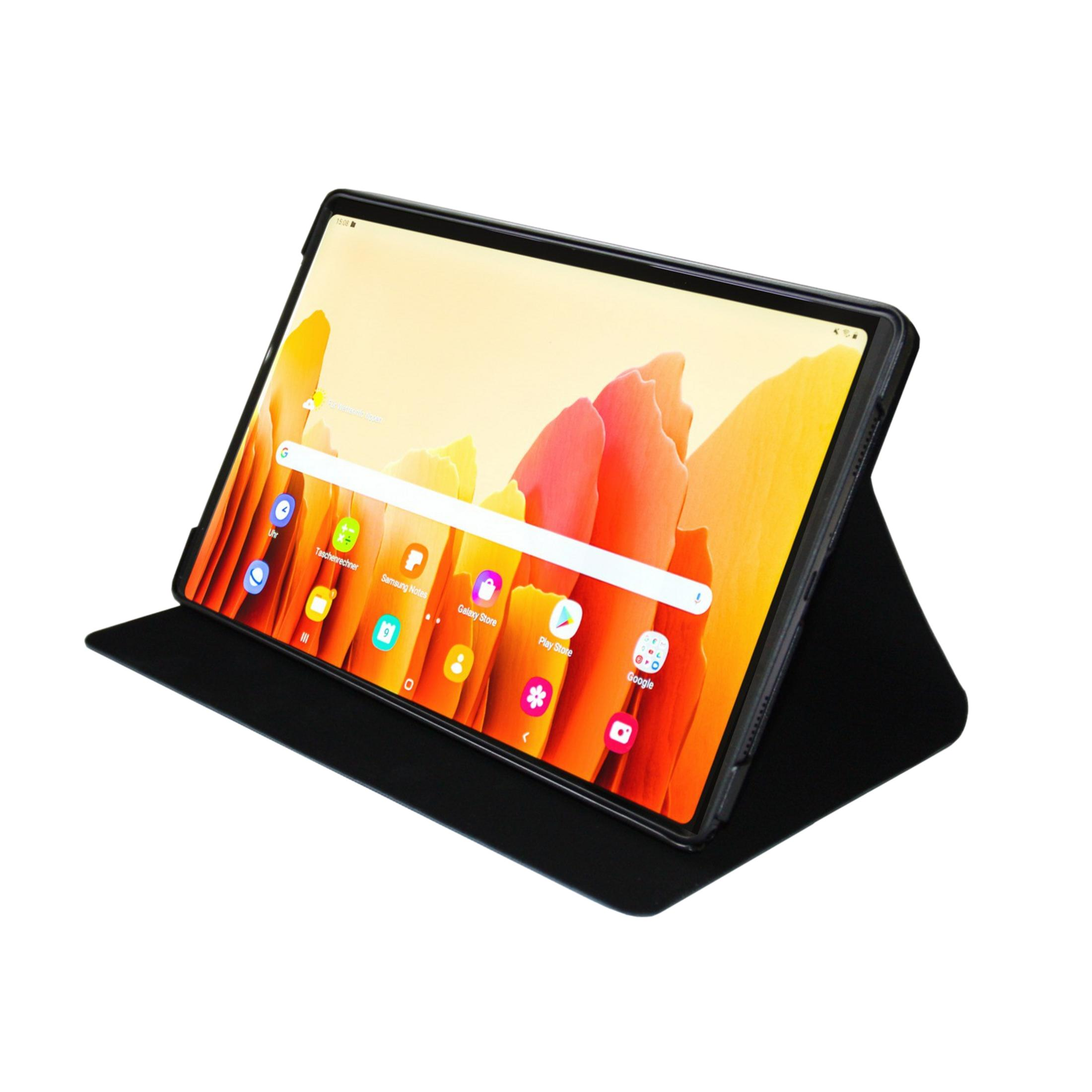 Un soporte negro para tableta sostiene una tableta con un fondo de pantalla naranja.