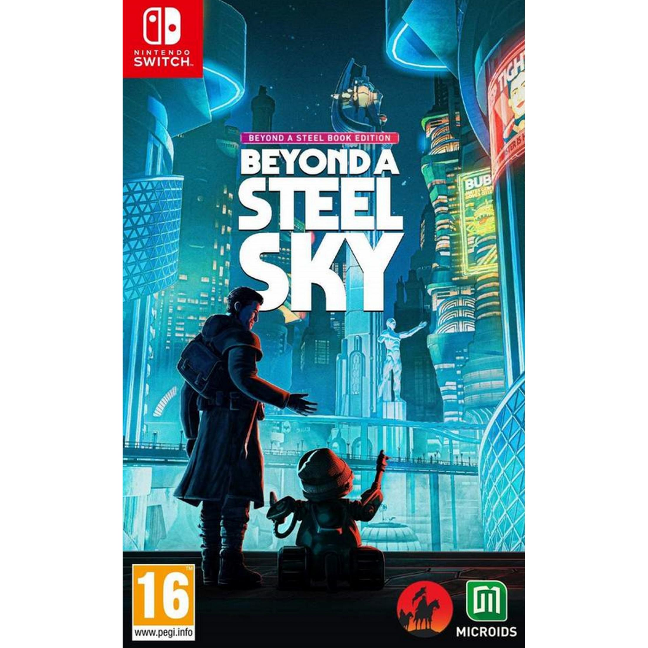 Copertina di Beyond a Steel Sky per Nintendo Switch con uomo e robot in città futuristica.