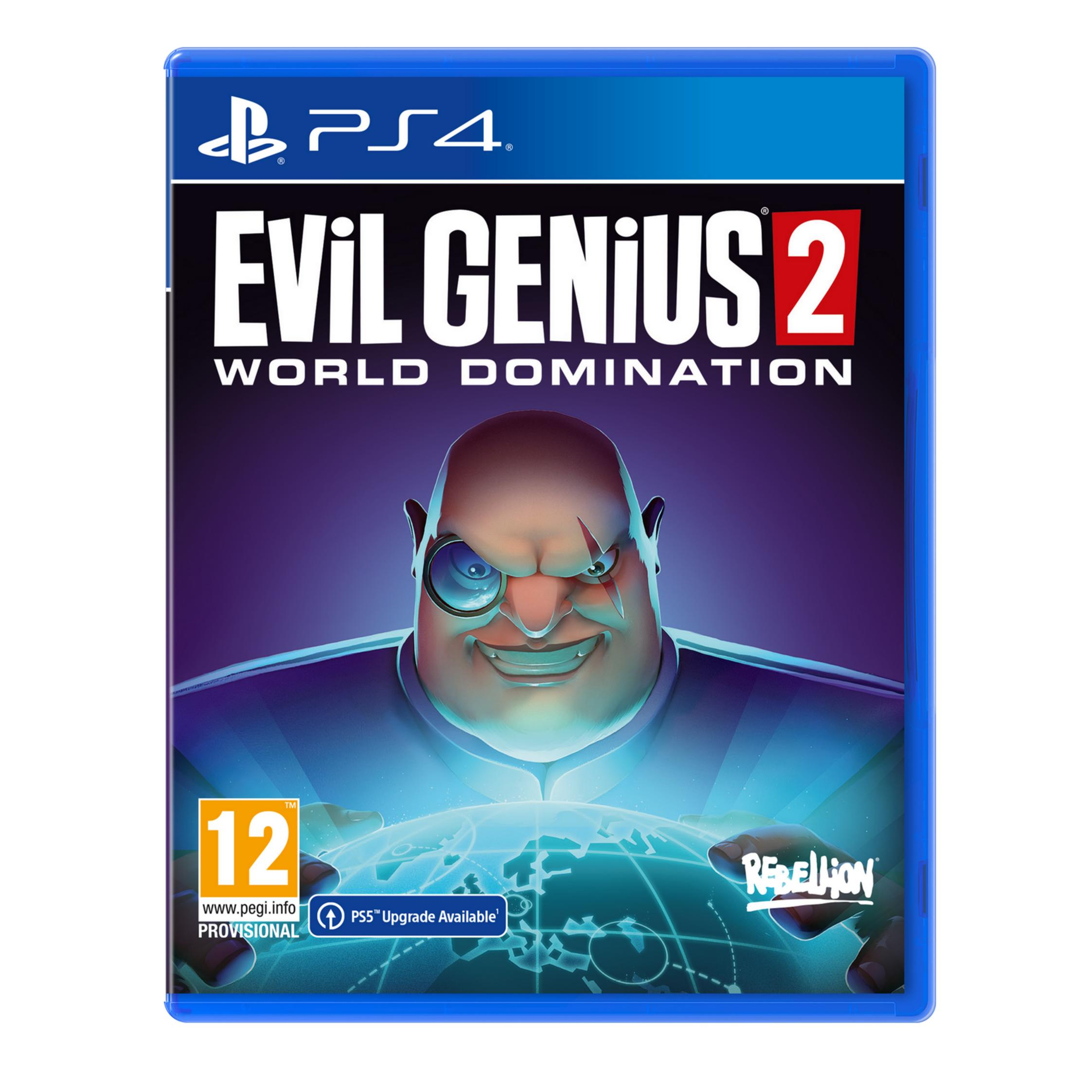 Custodia PS4 per Evil Genius 2 con un cattivo su un mappamondo.