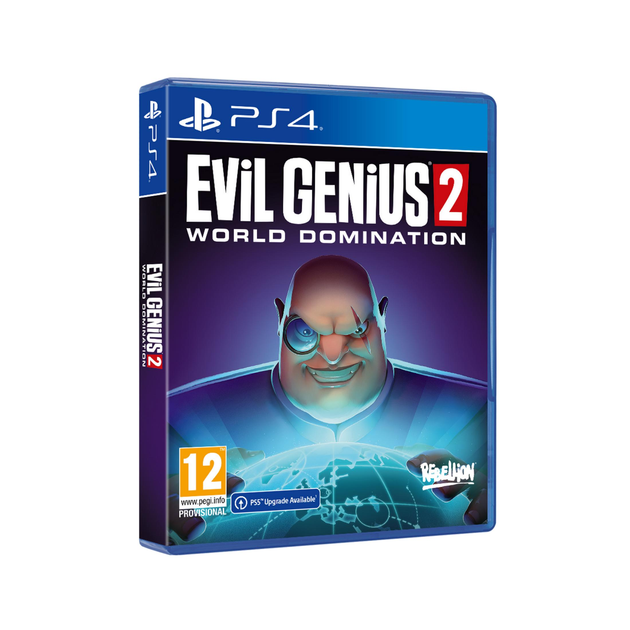 Custodia gioco PS4: Evil Genius 2 con personaggio malvagio e mappa del mondo.
