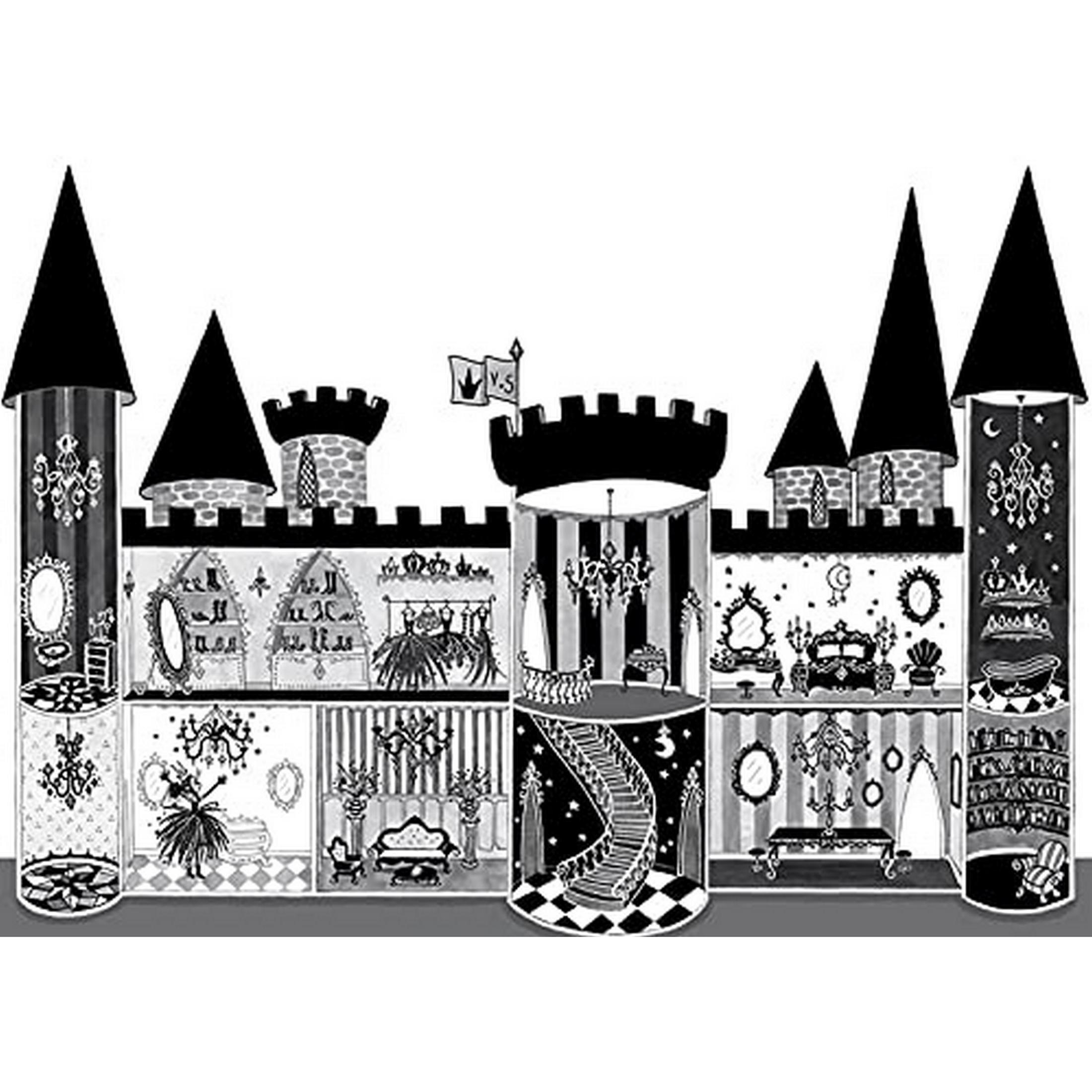 Ilustración en blanco y negro de una fachada de castillo detallada con torres y habitaciones.